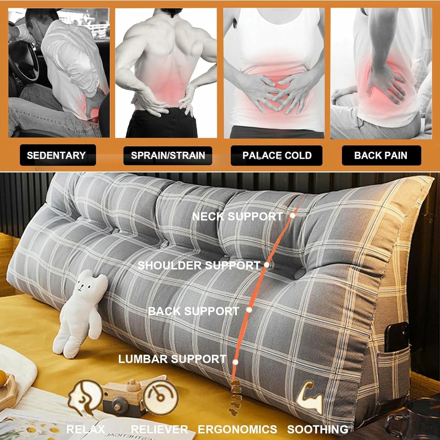 Triangular Headboard Pillow,Cute Triangle Cushion Reading Pillow,Large Bolster Positioning Support Removable Wedge Pillow for Daybed Bunk Bed Dorm~/