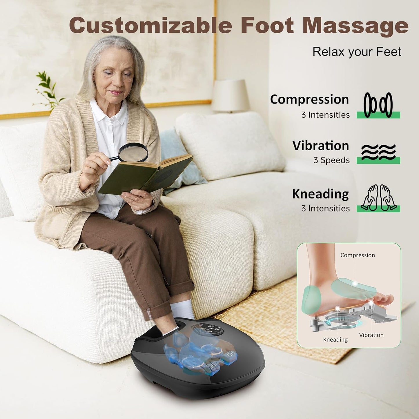 Shiatsu Foot Massager, Electric Foot Massager Machine with Heat, Deep Kneading, Compression, Vibration, Remote Control, Feet Massager for Neuropathy, Plantar Fasciitis, Size 13