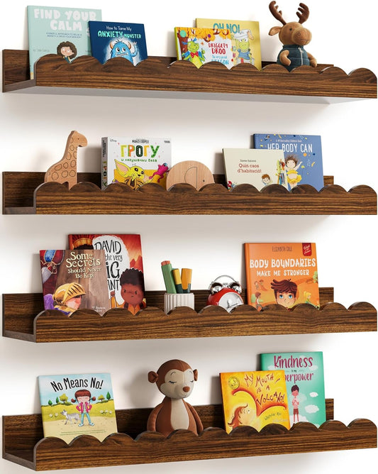 Scalloped Wall Bookshelves for Nursery, Floating Wooden Book Shelves for Kids Room, White Nursery Shelves for Wall, Baby & Toddler Room Decor