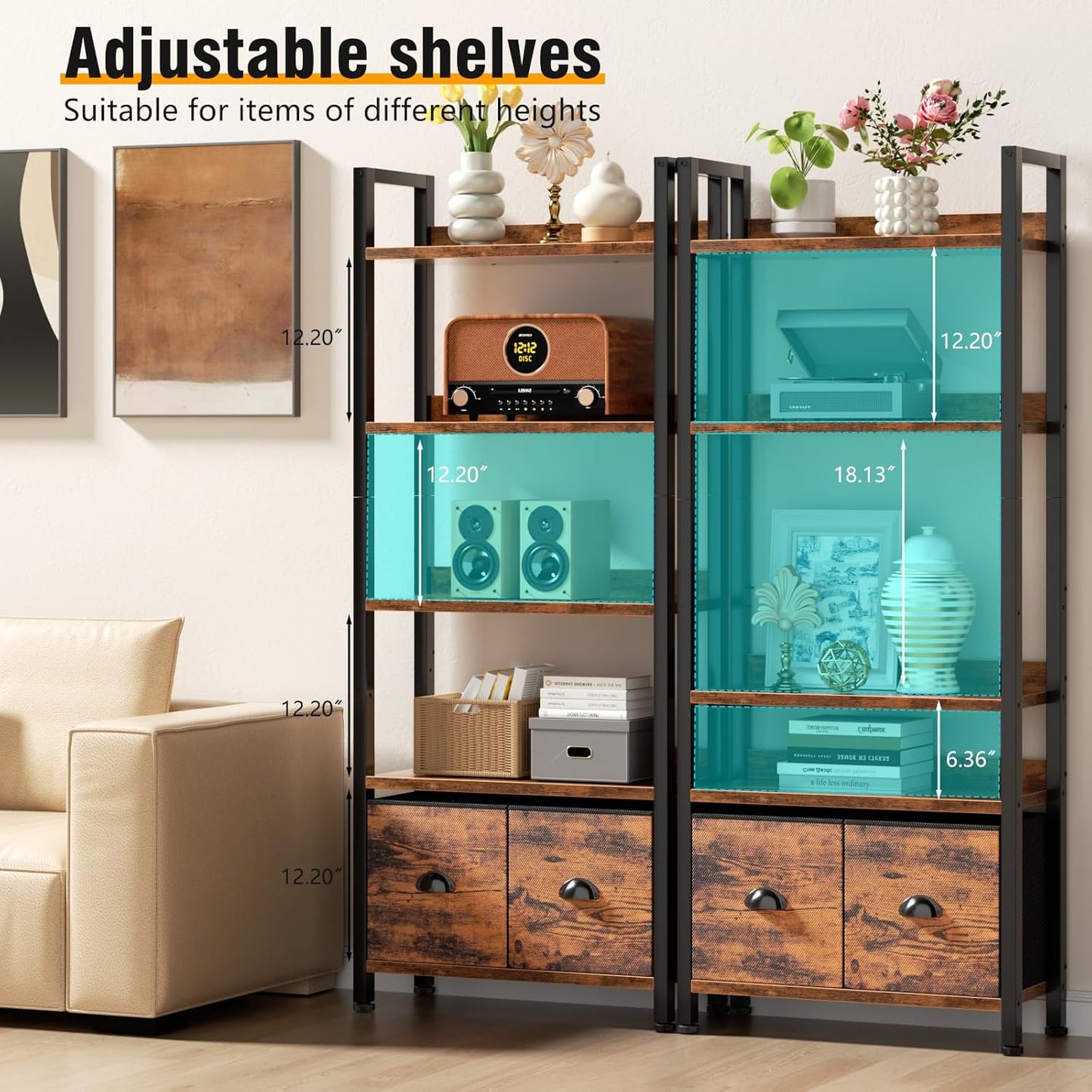 Furologee 5-Tier Bookshelf, Tall Bookcase with 2 Storage Drawers, Industrial Standing Storage Shelf, Wood Metal Display Rack for Living Room Bedroom Home Office, Rustic Brown