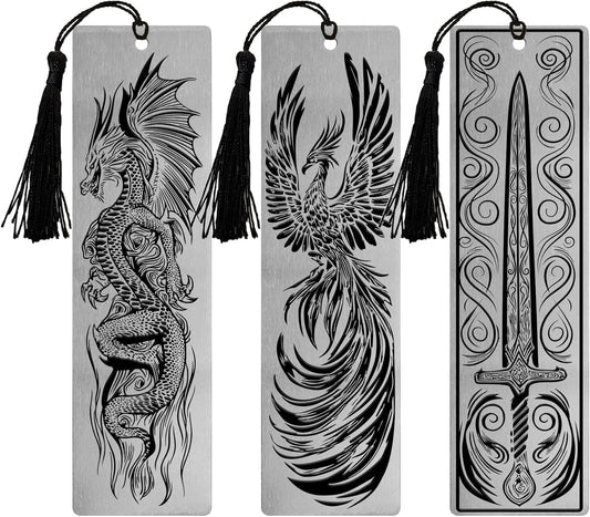 Stainless Steel Bookmarks – Set of 3 Featuring Dragon, Phoenix and Sword, 150x40mm, Laser-Engraved, Durable Metal, Perfect for Book Lovers & Unique Gift Ideas. Fantasy Series