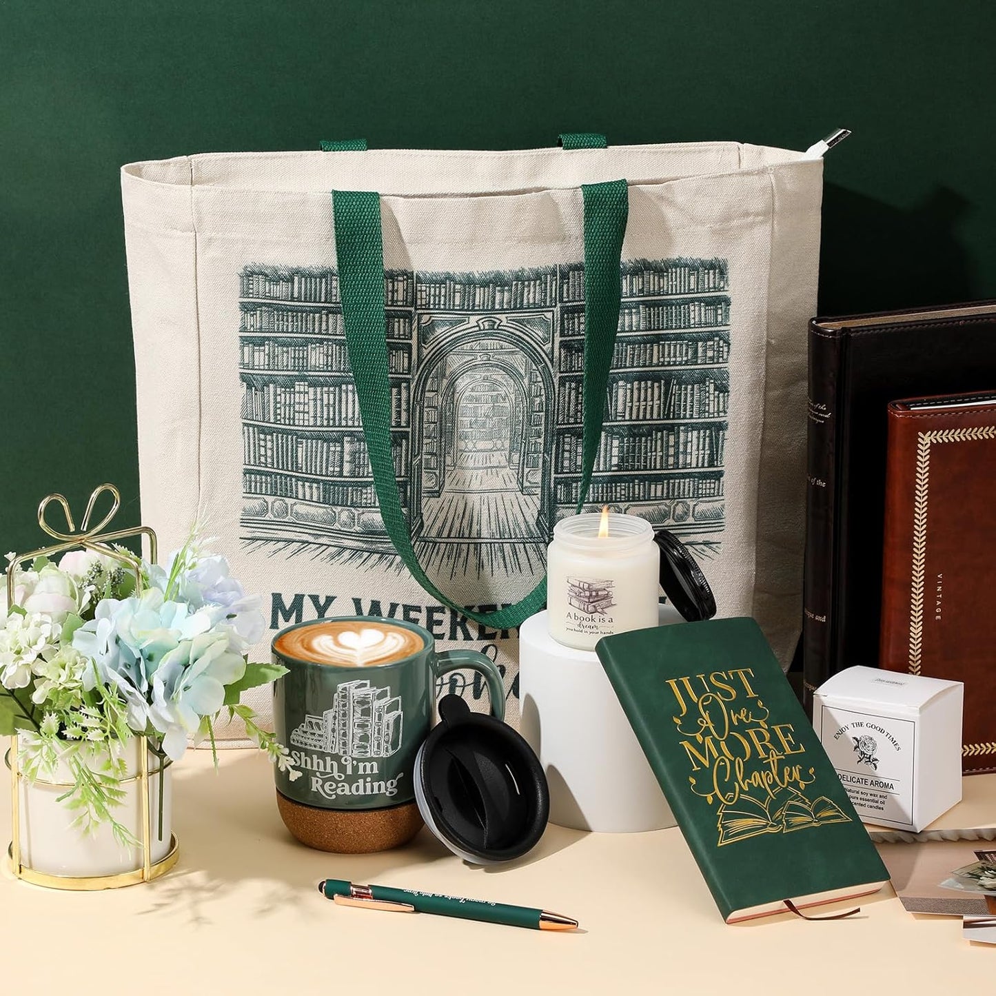 Moinchore Set of 5 Book Lovers Gifts for Reader Canvas Tote Bag Journal Notebook and Ballpoint Pen Ceramic Coffee Mug with Cork Bottom Scented Candle for Teen Teacher Librarian Bookish Author (Green)