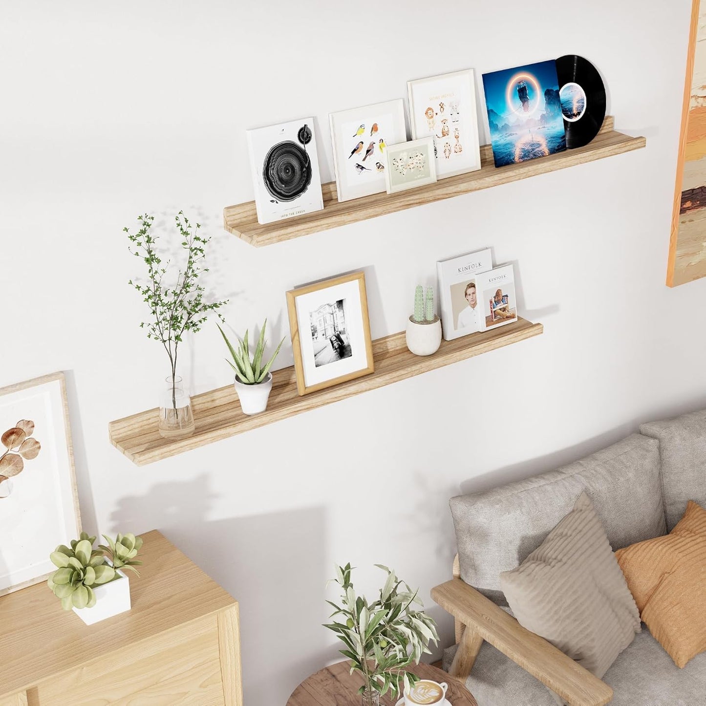 RICHFOCUS Floating Shelves for Wall, 48 inch Solid Wood Picture Ledge Shelf for Wall Storage, Nursery Book Shelves with Lip for Living Room Bathroom Bedroom Kitchen, Set of 2, Carbonized Black