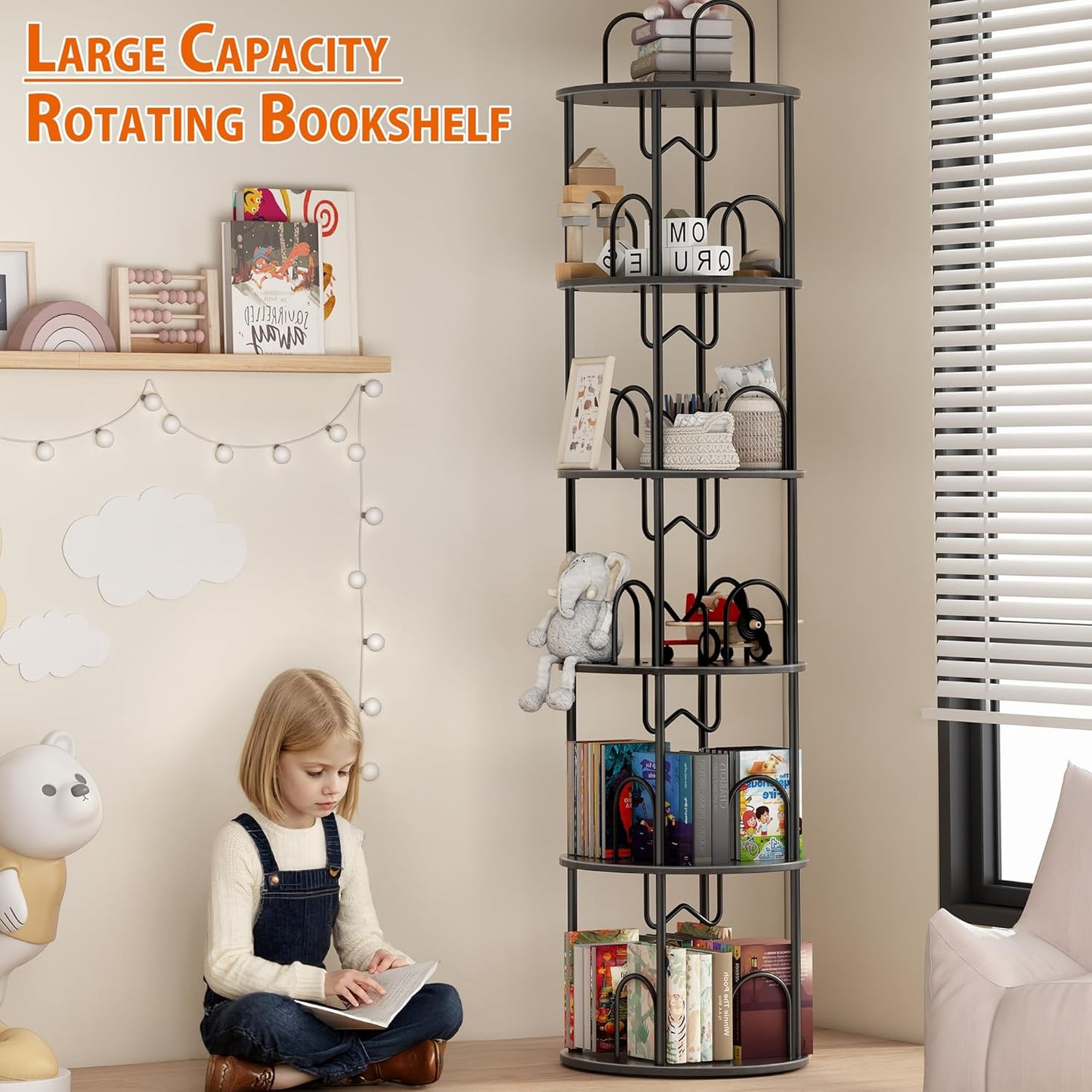 5 Tier Rotating Bookshelf, 360° Spinning Bookshelf Tower, Narrow Corner Book Shelf, Revolving Bookcase Corner Tall Book Shelf for Small Spaces, Bedroom, Living Room, Black