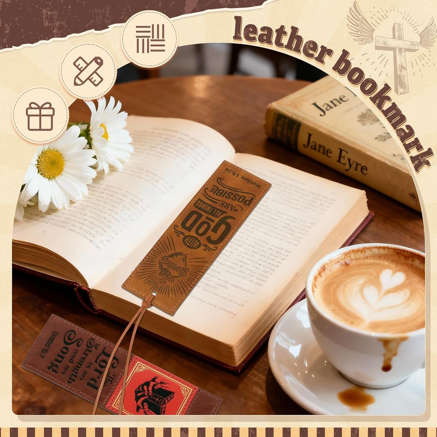 4PCS Leather Bookmark Bible Bookmarks for Reading Women Men Teacher Book Lovers Gifts, Handmade Vintage Religious Christian Bookmark Page Markers Inspirational Bible Verse Scripture Book Marks