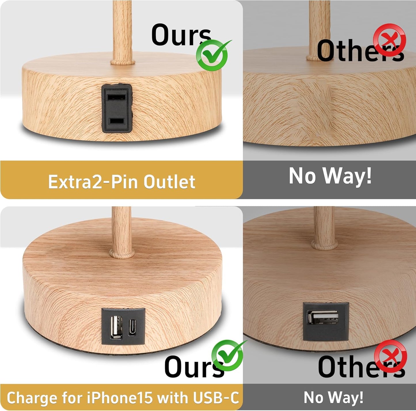 Bedside Table Lamp for Bedroom - 3 Way Dimmable Touch Lamp USB C Charging Ports and AC Outlet, Wood Base Round Flaxen Fabric Shade for Living Room, Desk,E26 Bulb Included