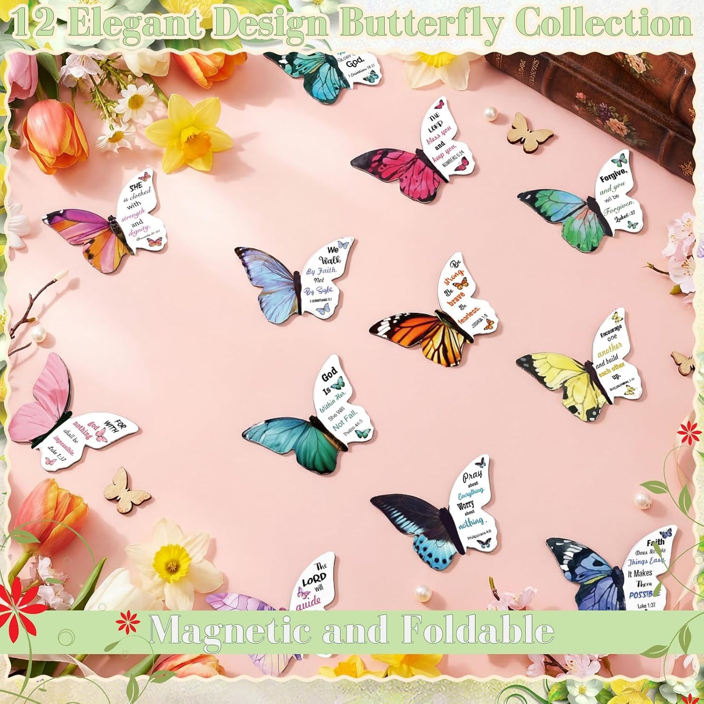 24 Pieces Bible Verse Magnetic Bookmarks Christian Butterfly Magnet Bookmarks Foldable Women Religious Gift for Mother's Day 1.6 x 2.2 In Inspirational Reading Page Markers for School Church
