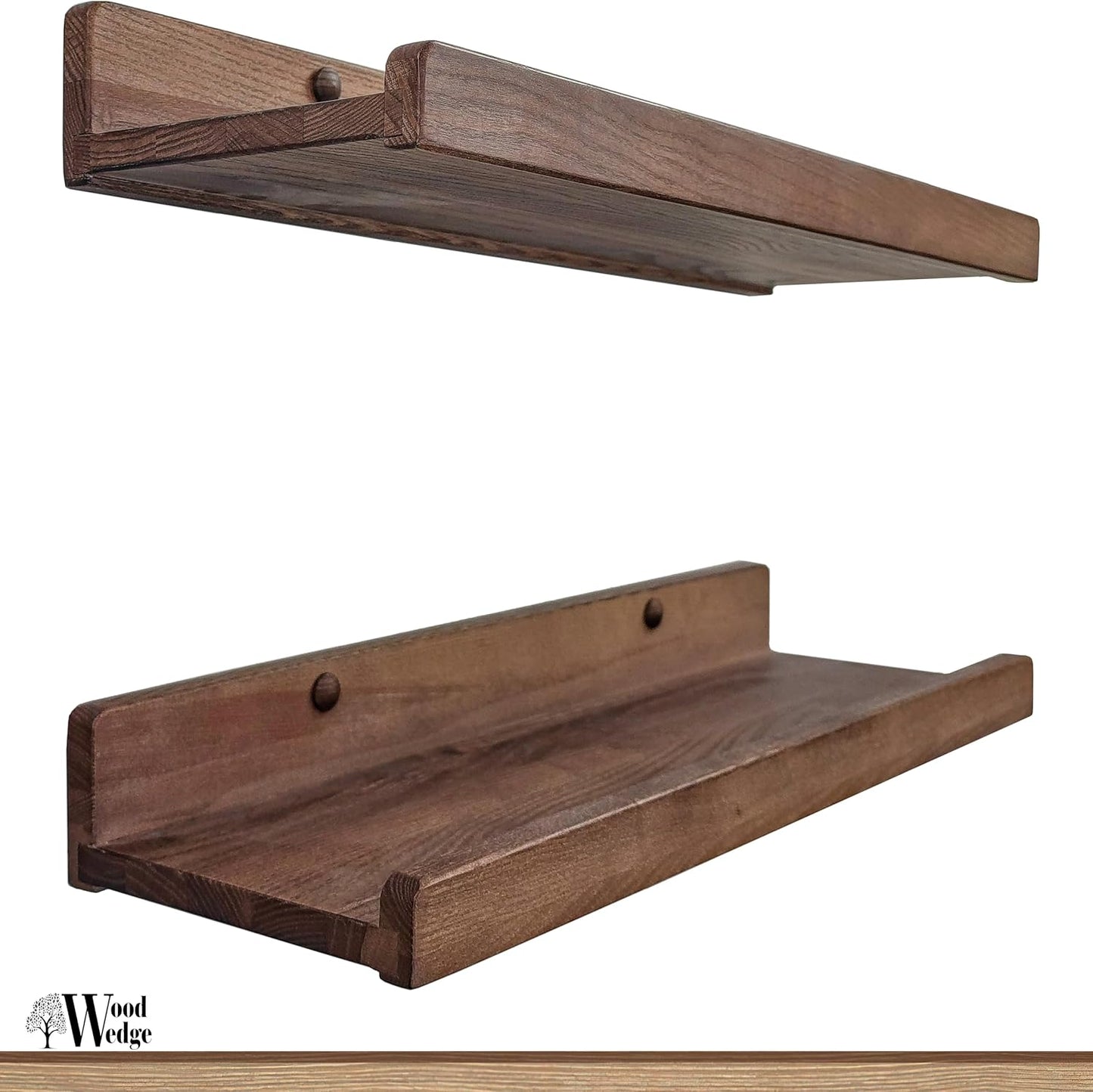 Floating Shelves for Wall 16 inch, Waterproof, Wall Storage Shelves with Lip, Display Picture Ledge Shelf for Photo Frame, Natural Wood Hanging Book Shelves (American Walnut, Set 2)
