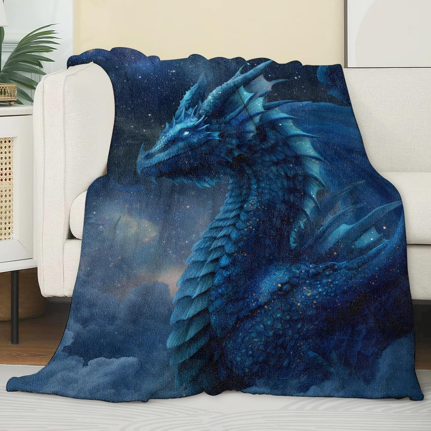 Fantasy Dragon Blanket,Lightweight Cozy Flannel Throw Blankets,Mystical Animal with Galaxy Night Sky,Epic Blue Creature Throws for Couch Bed Living Room Decor,60x50inch,Gifts for Teens Gamers