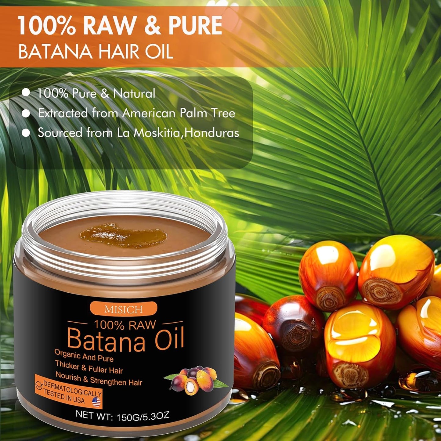 Raw Batana Oil for Hair Growth, 100% Natural Pure Botana Oil Paste from Honduras, Unrefined Organic Batana Hair Mask for Prevent Hair-Loss, Enhances Thickness for Men & Women 5.3 oz