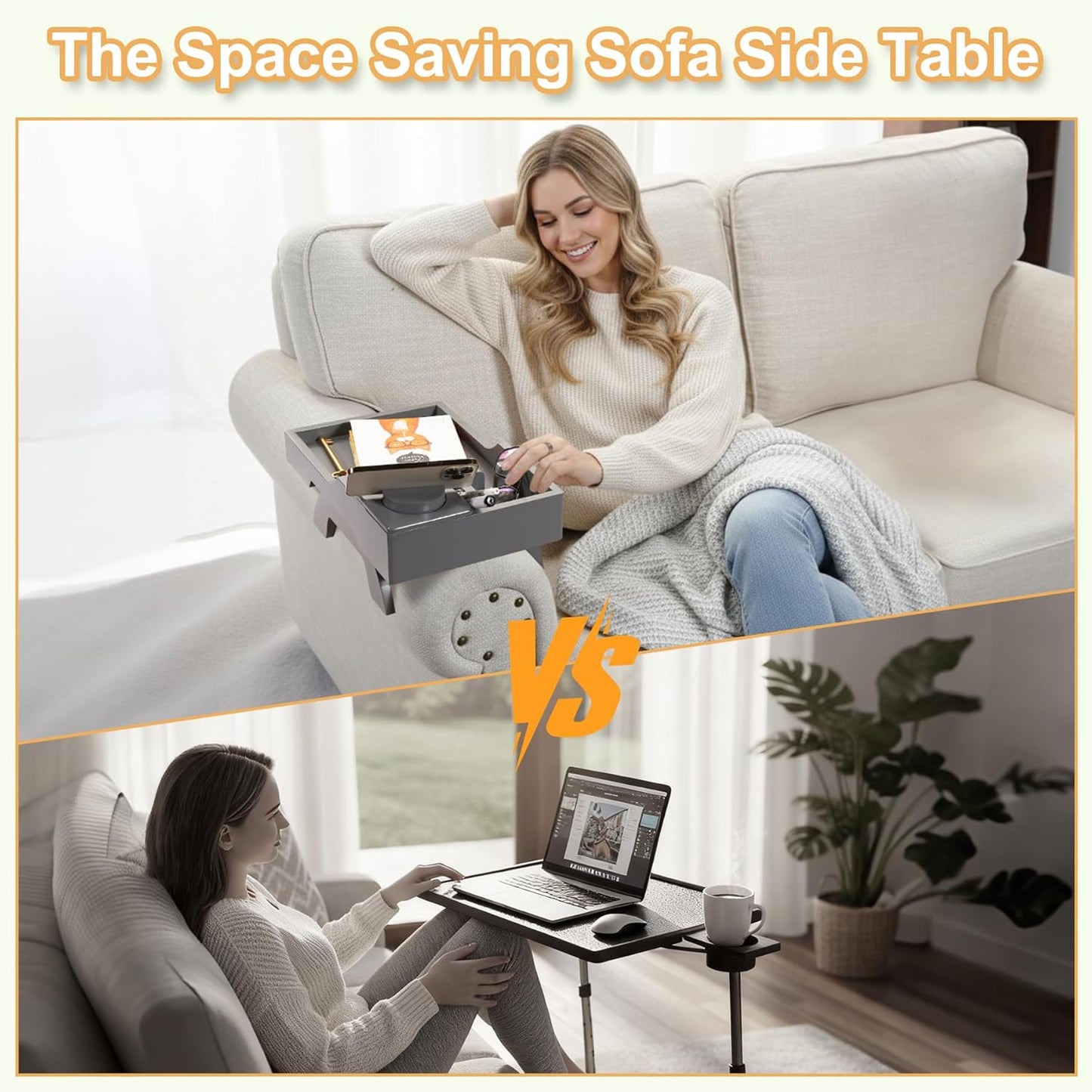 Couch Arm Table Tray, 15.3" x 9.8" Large Bamboo Couch Arerest Table for Cup Holder, Adjustable Sofa Arm Clip Tray Table with Rotated Phone Holder