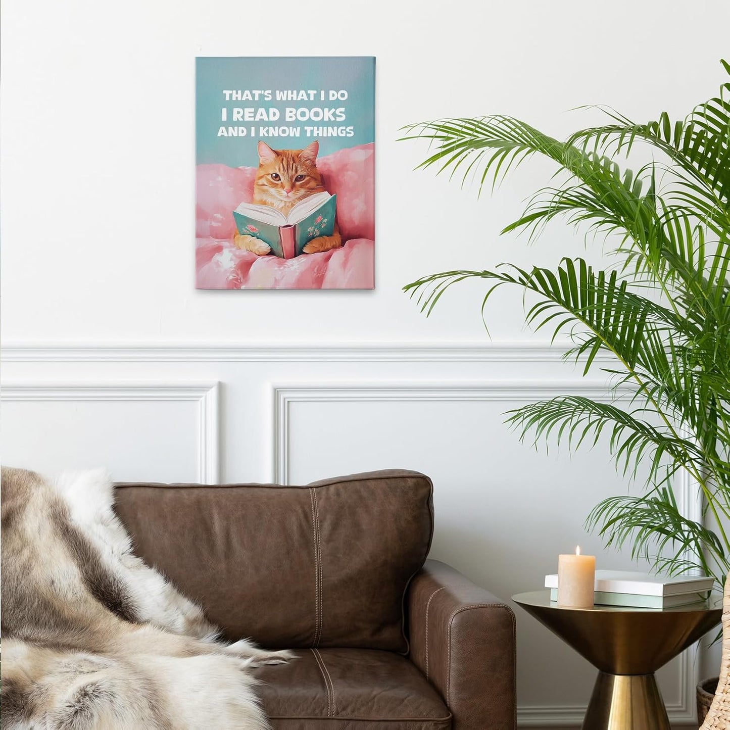 PHAMTE Funny Cat Reading Book Wall Art Decor Canvas 11x14, Orange Cat Bookworm Book Club Pictures Decorations, Bookish Pink Aesthetic Framed Prints Artwork for Reading Room Corner Nook Library Decor
