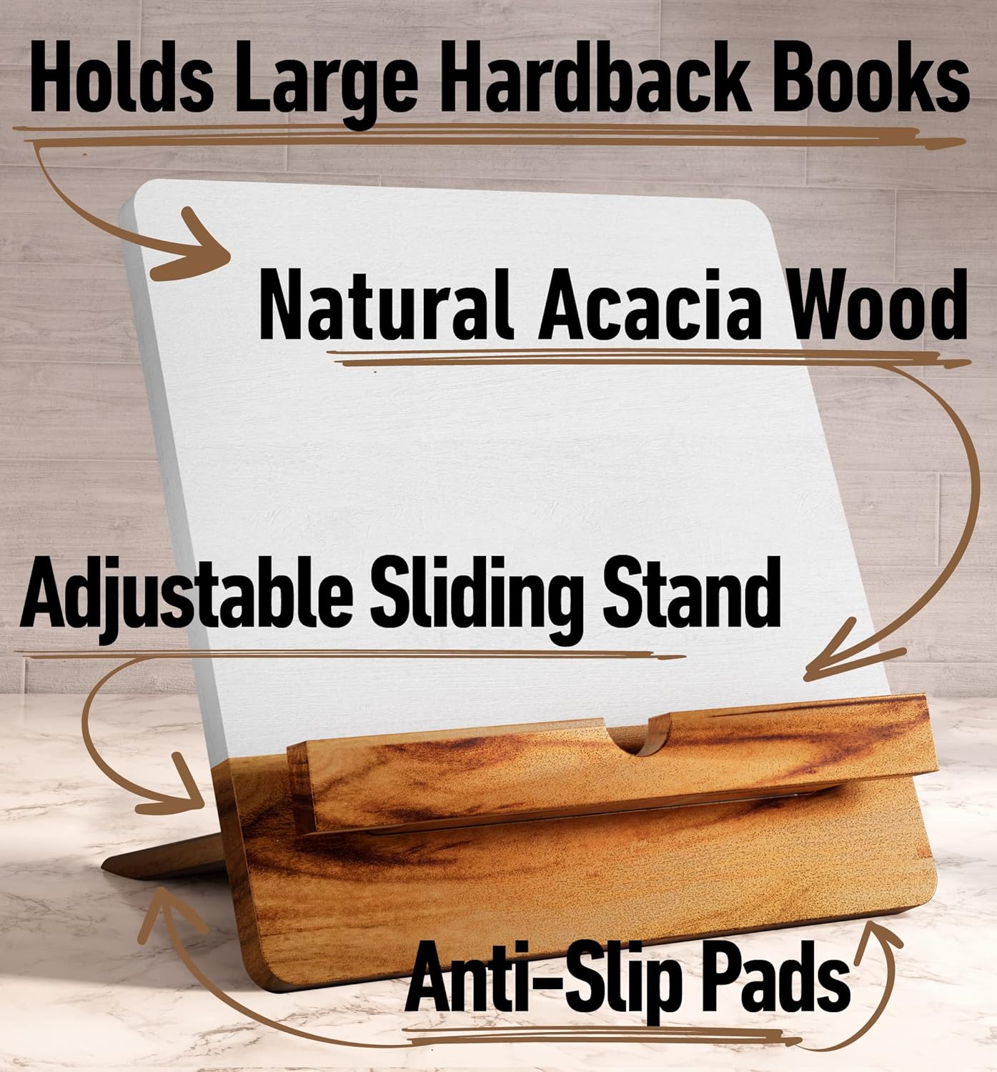 Acacia Cookbook Stand for Kitchen Counter - 12" x 12" Large Adjustable Non-Slip Acacia Wood Book Stand for Cookbooks - Collapsible for Easy Storage - Extra Large Recipe Book Holder for Kitchen Counter