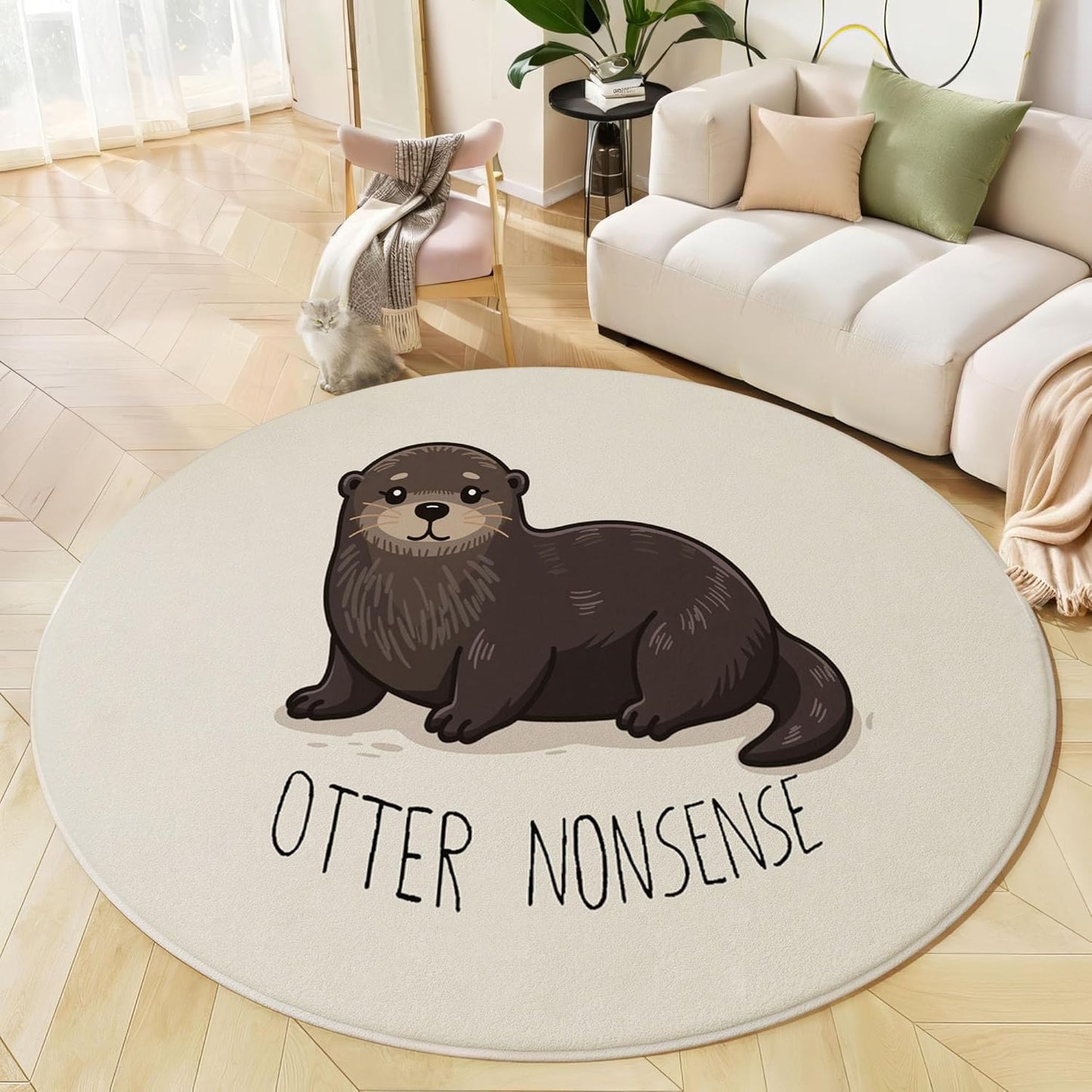 Modern Round Area Rug for Living Room, 5.25Ft Washable Round Rug Beige Fun Otter Letters Circle Rugs for Dining Room Table, Cartoon Animals Small Circular Floor Carpet for Bedroom