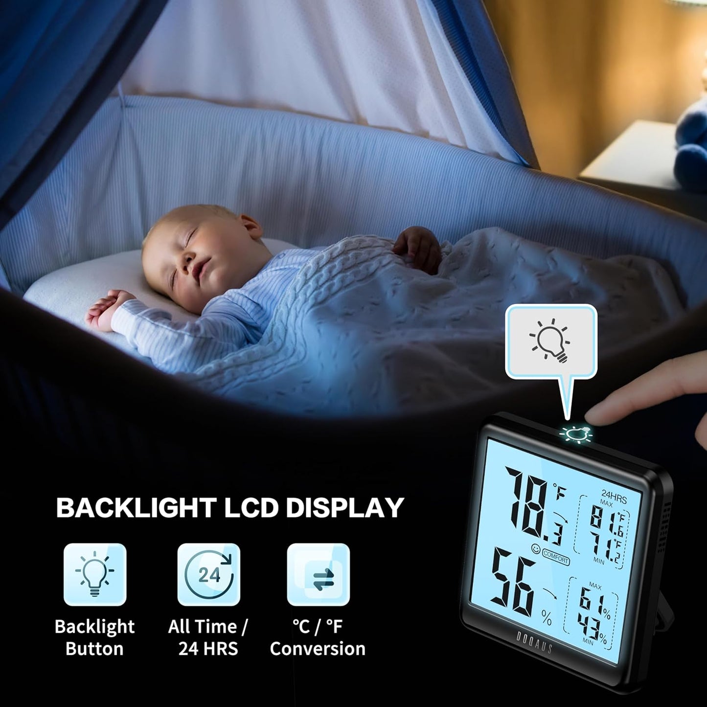 DOQAUS Room Thermometer Hygrometer, Digital Indoor Thermometer with Backlight, Large Screen Temperature Monitor Humidity Meter for Home, Bedroom, Baby Room, Office, Greenhouse (Black)