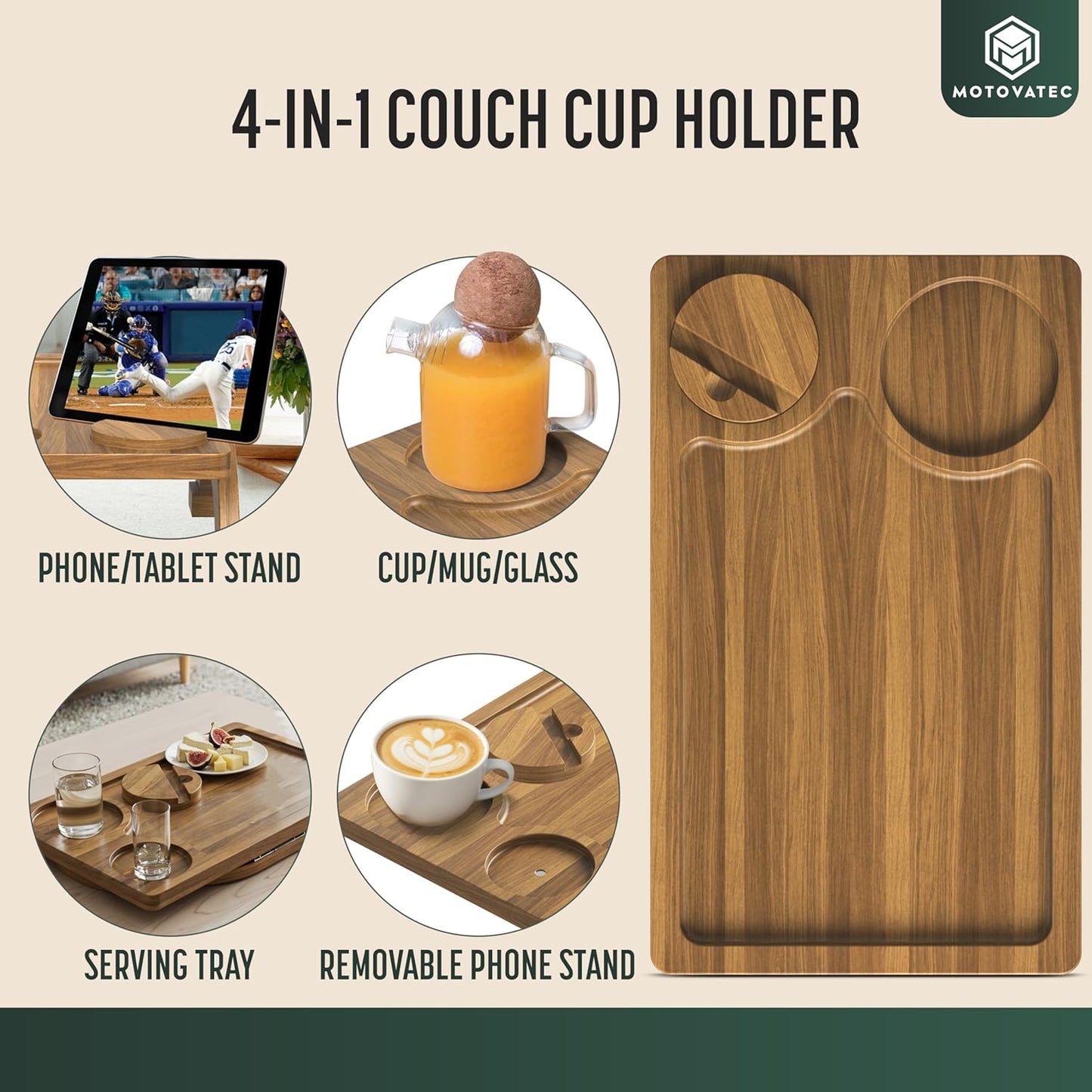 Acacia Wood Sofa Arm Tray - 3-in-1 Couch Arm Table with Phone Holder, Cup Placer & Foldable Tray - Armrest Clip-On Design for Couch with 360° Rotated Phone Holder