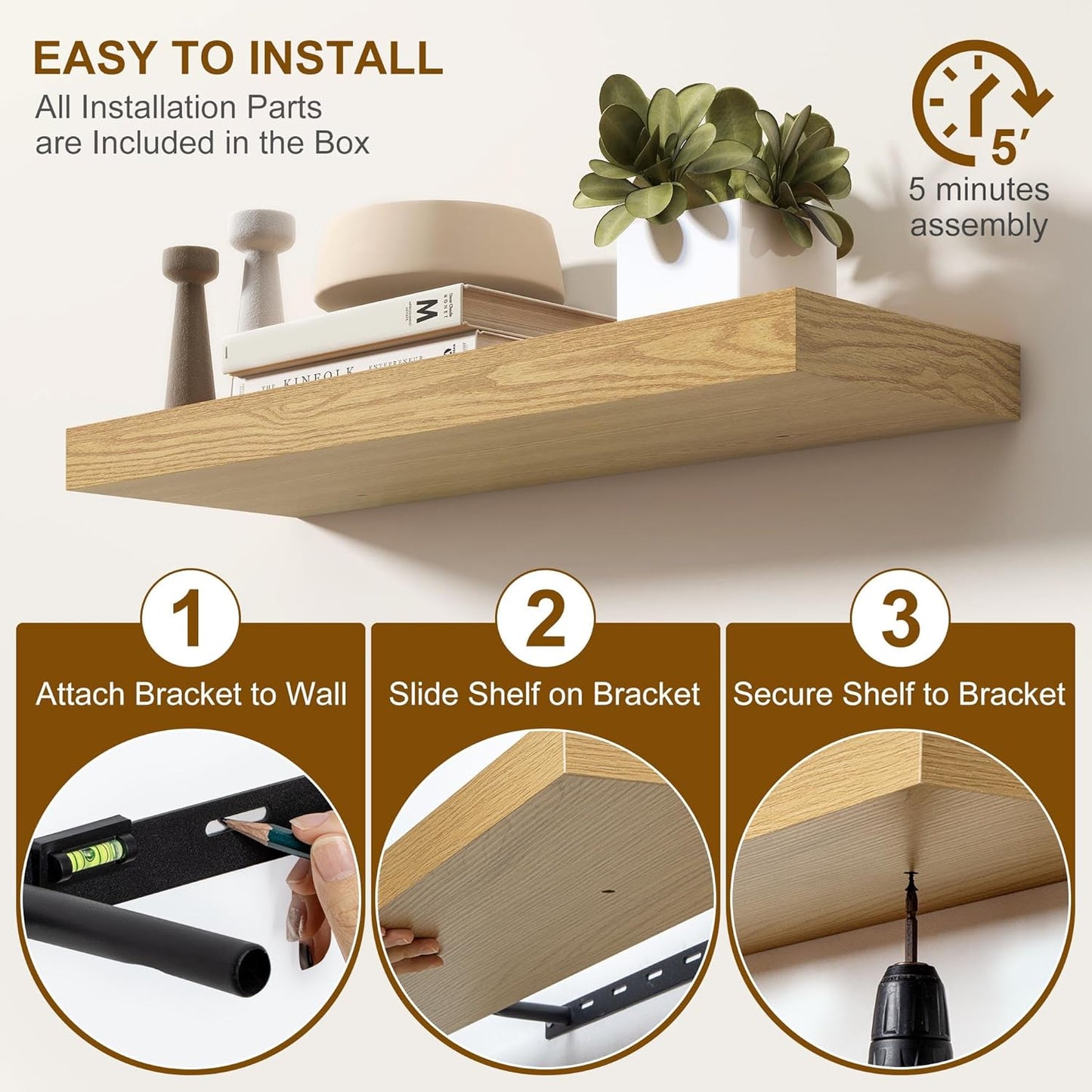 Fun Memories 30Inch Floating Shelves for Wall, 2 Pack Rustic Wood Shelves for Bathroom|Kitchen Wall Mounted Floating Shelf with Invisible Brackets for Books|Storage|Decor,Oak