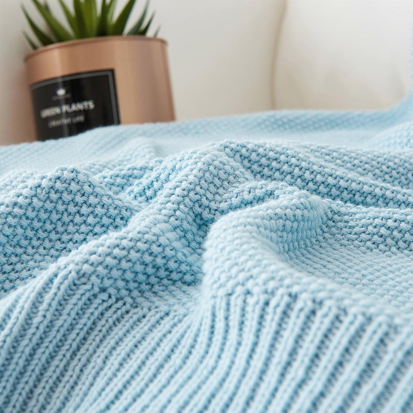 Longhui bedding 100% Cotton Light Blue Cable Knit Throw Blanket for Couch Sofa Bed Home Décor – Lightweight 50“ x 60”, Bonus Laundering Bag, Machine Washable