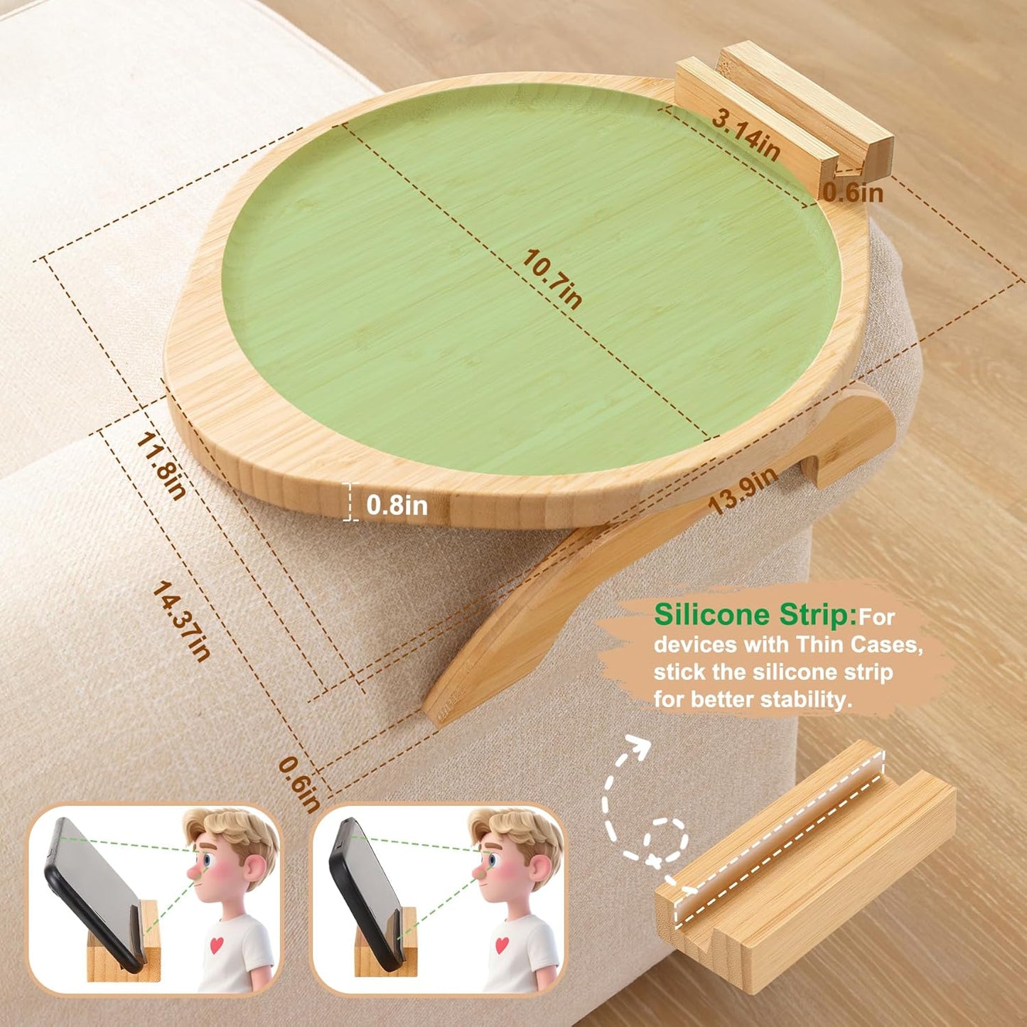 SINWANT Couch Arm Table,Large Bamboo Sofa Clip on Tray Tables with 360° Phone Holder,Foldable Couch Armrest Table, Folding Snack Eating Drink on Armrest