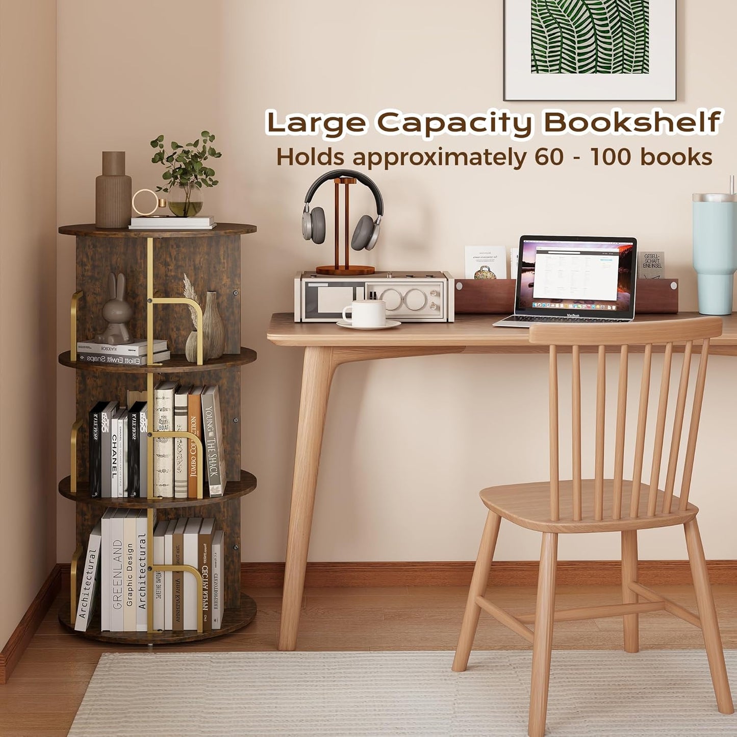 Manora 360° Rotating Spinning Bookshelf Tower, 3 Tier Round Bookcase with Storage Organizer and Display Shelves, Corner Space-Saving Rotating Book Shelf for Living Room, Bedroom, Office, Gold