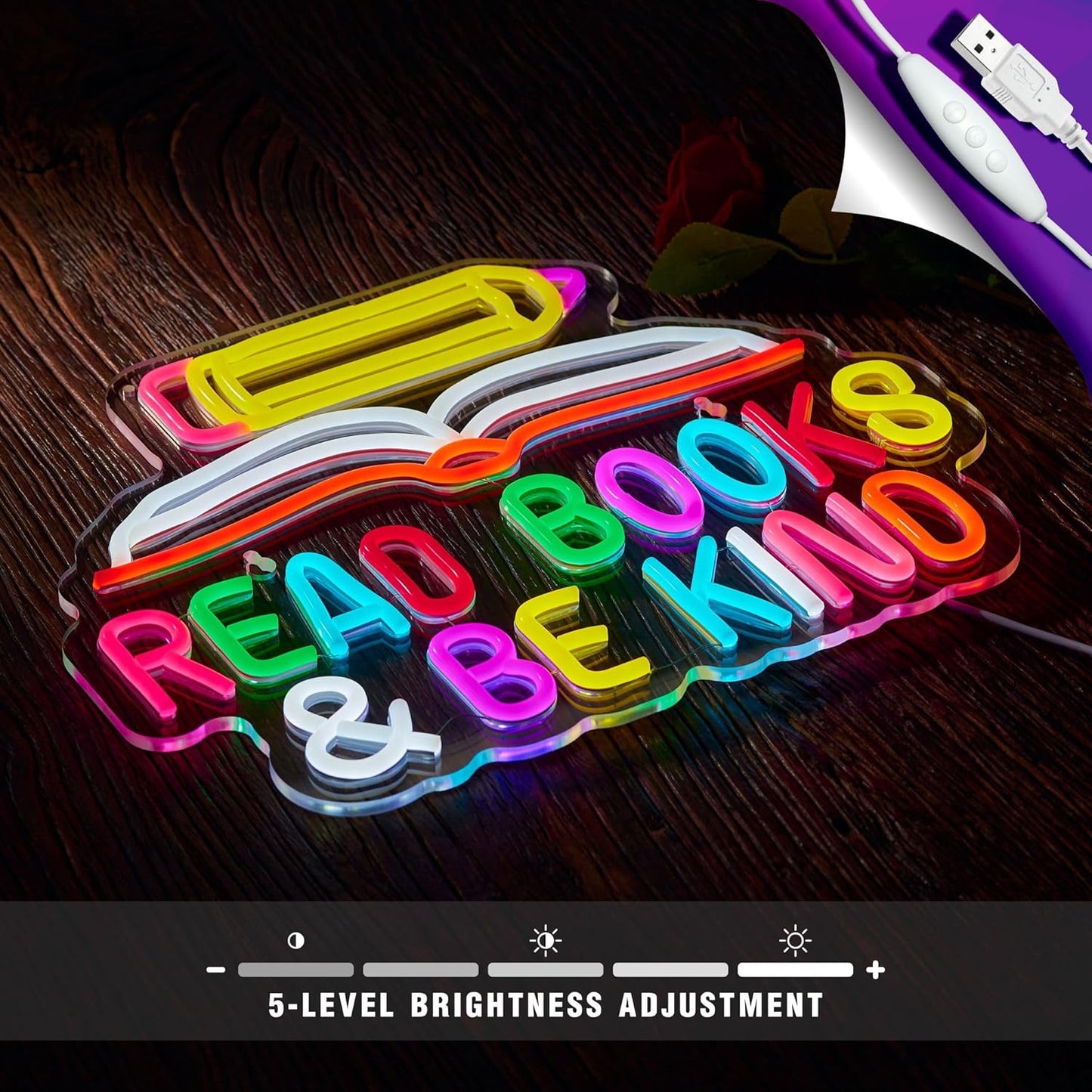 Read Books and Be Kind Neon Sign Pencil Book Neon Light Student LED Neon Light Colorful Neon Light Up Signs for Classroom Bookstore Library Museum Study Room