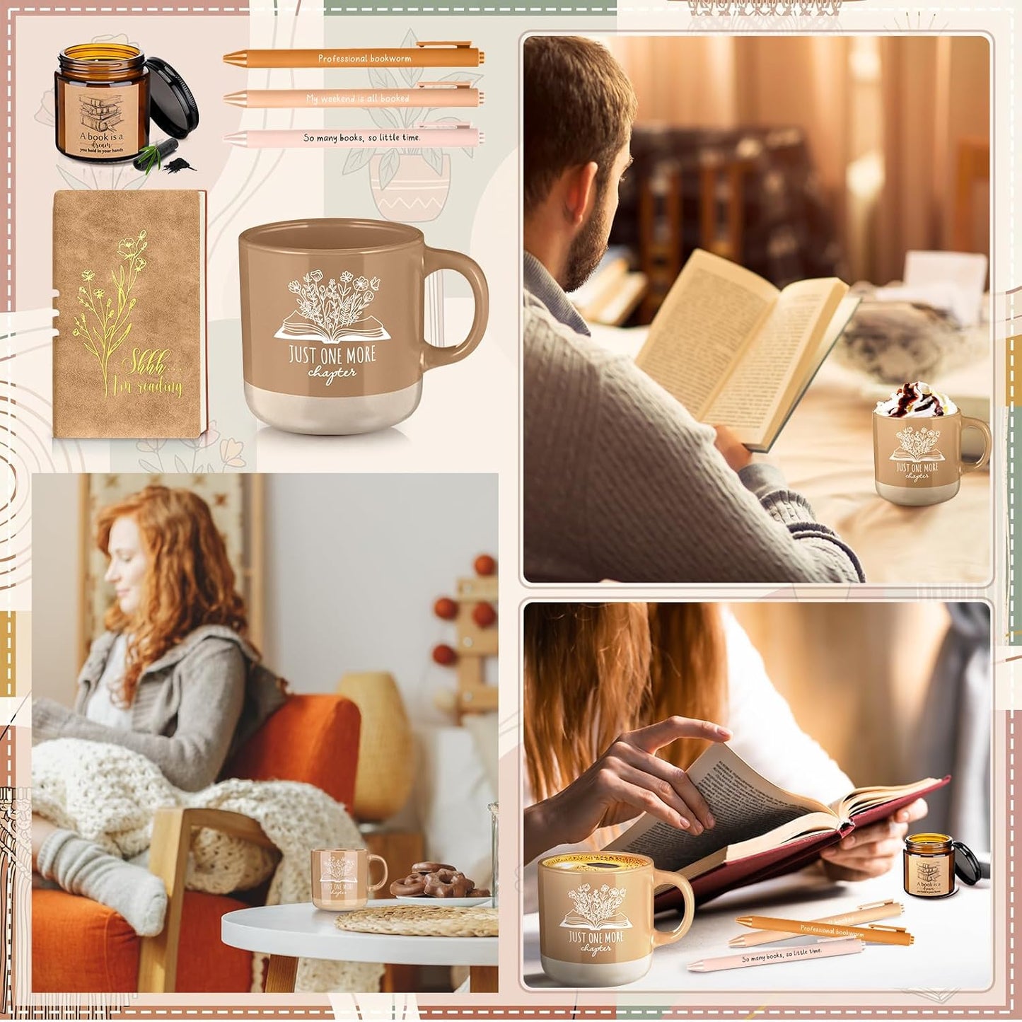 Baderke Book Lover Gifts for Women Men 6 Pcs Bookish Reading Accessories A6 Notebook Ballpoint Pen Ceramic Cup Candle Book Club Gift for Bookworm Reader Librarian Teacher(Brown)