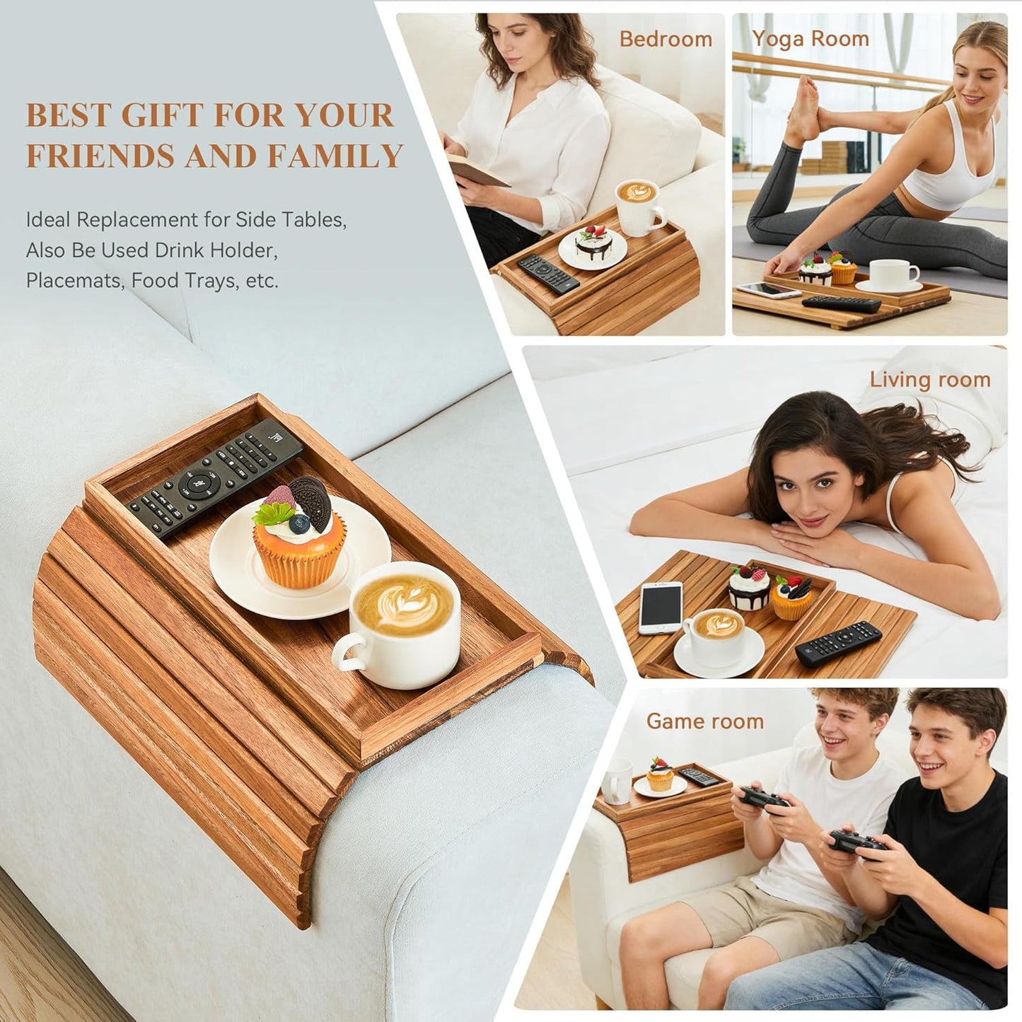 GEHE Acacia Wood Sofa Arm Tray, Foldable Couch Arm Tray Side Table, Anti-Falling Armrest Tables Cup Holder for Snacks, Drinks, Beers, Phone, Control, Flexible and Portable, Anti-Slip