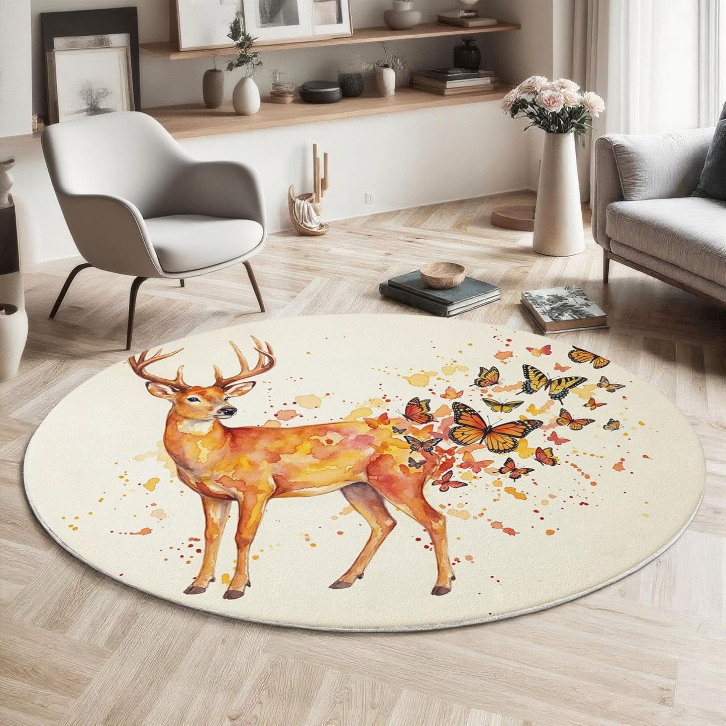 Round Rug for Kids Room, Watercolor Deer Butterfly Round Rugs 3Ft, Simple Animal Design Circle Rug, Beige Washable Circle Carpet for Living Room Bedroom, Non Slip Low Pile Thin Area Rugs