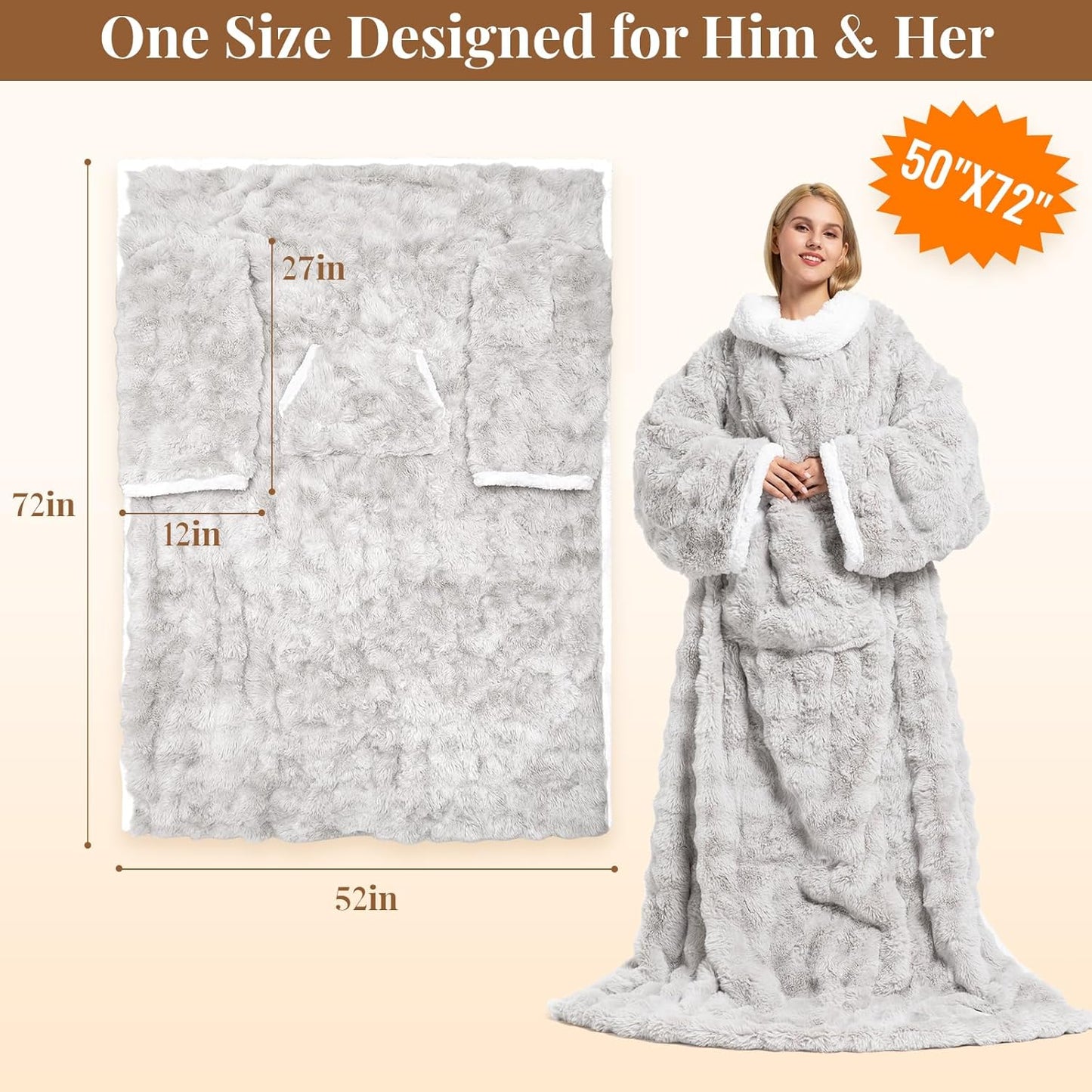 Wearable Heated Blanket, Luxury Faux Fur & Sherpa Electric Throw Blanket with Sleeves, Foot Pockets, Heated Robe for Women Men Gift, 3 Heat Levels & 12H Timer, ETL & FCC Certified, 52"x 72" Light Grey