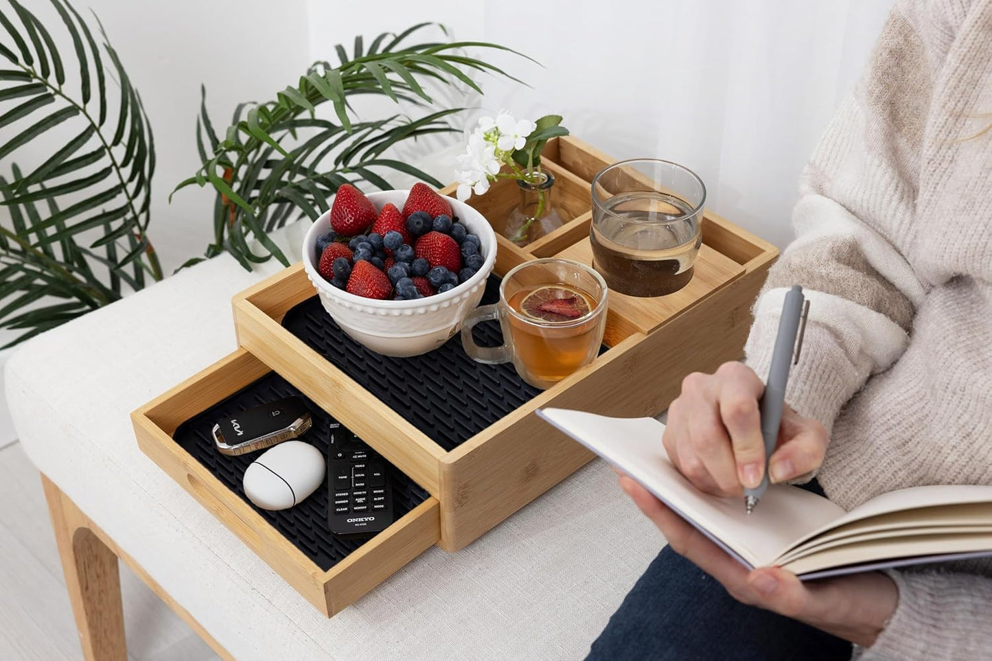 7-in-1 Sofa Armrest Tray with Drawer, Clip-On Side Table for Wide Armrest, TV Organizer with Cup Holder, Phone Stand, Remote Storage, Drinks, Snacks, and Accessories