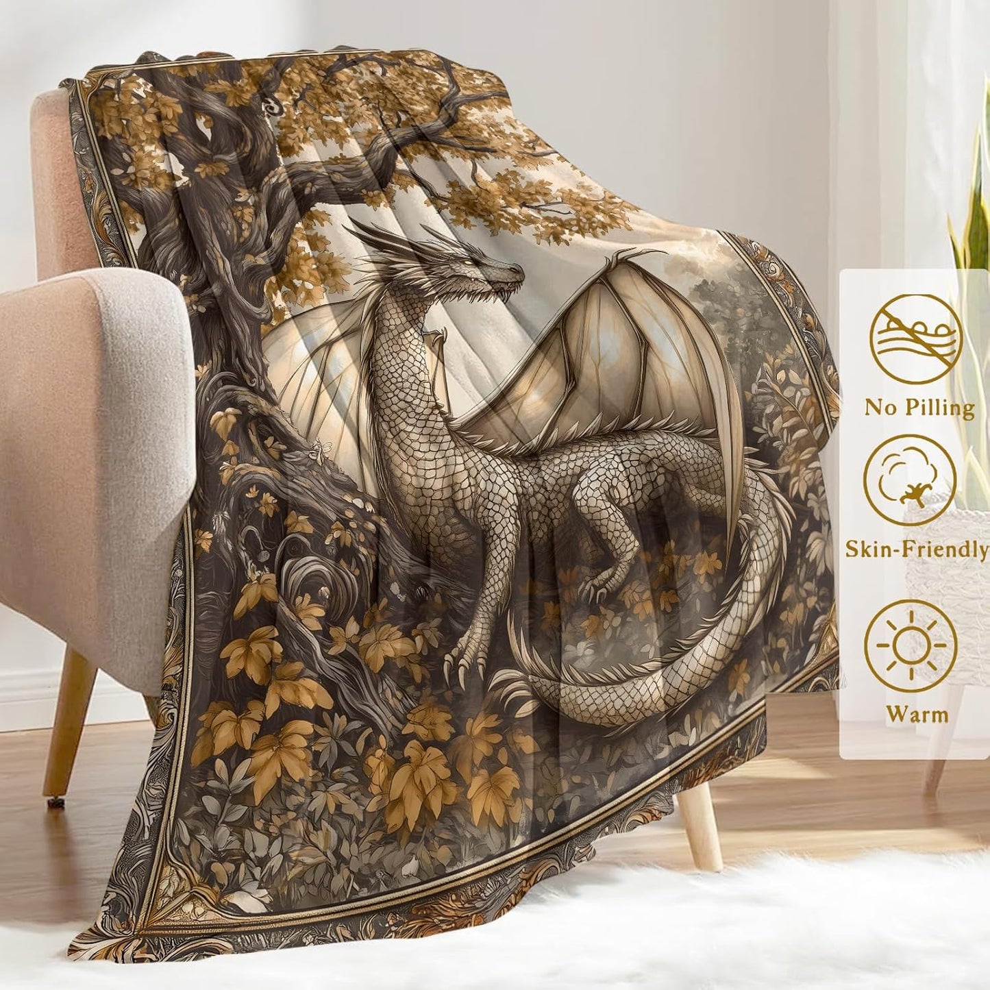 Autumn Dragon Fleece Blanket - Lightweight Soft Cozy Gifts Throw for Fantasy Lovers,Women,Men,Enchanting Tree of Life Blankets,Home Room Modern Artistic Decor 50x60in