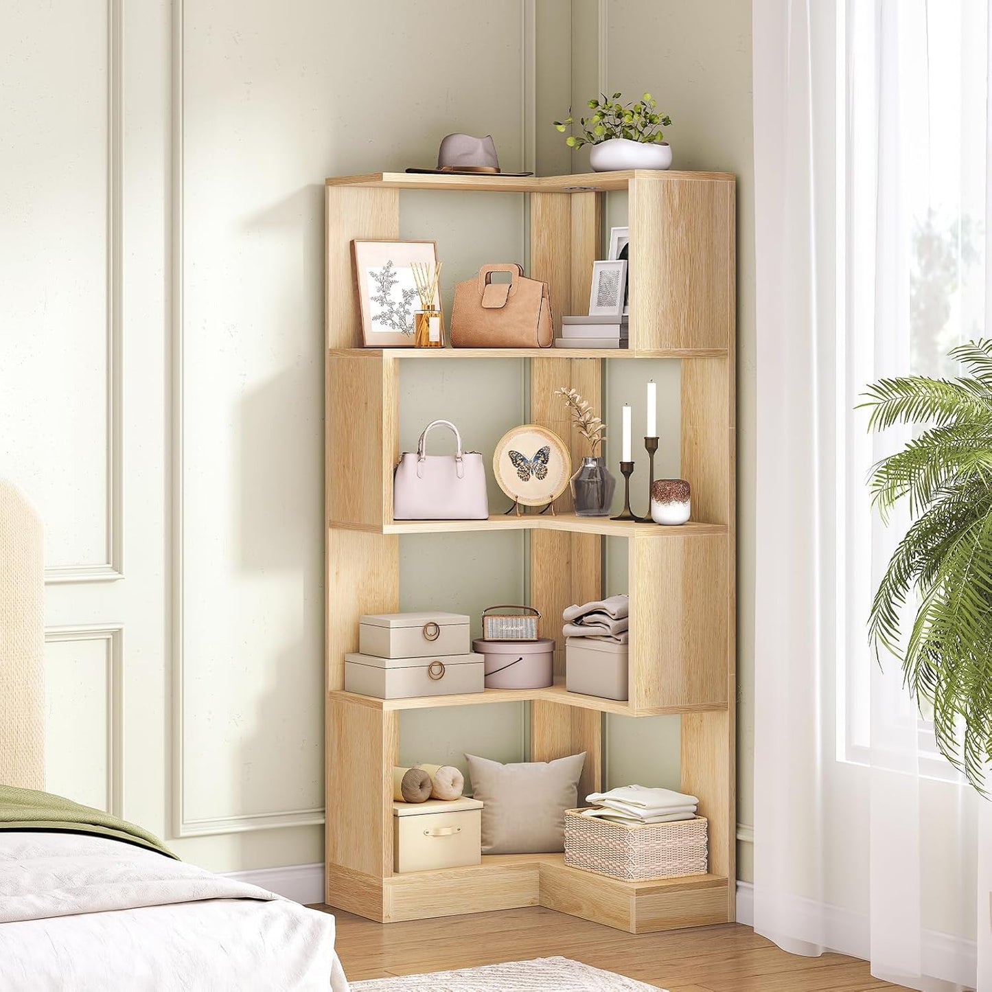 HOOBRO 5-Tier Corner Bookshelf, L-Shaped Corner Bookshelf, 55.3'' Tall Wooden Bookcase with Baffle, Freestanding Display Rack, for Living Room, Home Office, Natural NL50SJ01