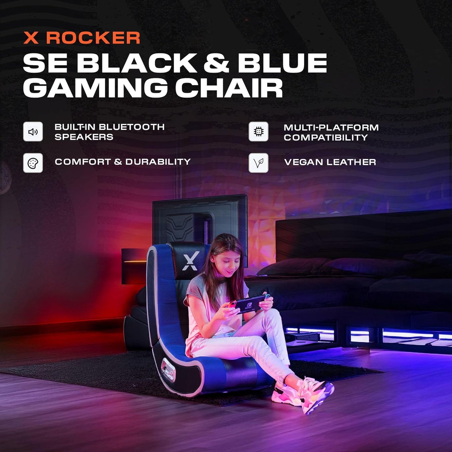 X Rocker SE Video Gaming Chair with 2 Headrest Audio Speakers, Foldable Floor Rocker with Wireless Bluetooth or Wired Connection, 200 lbs Max, Blue Black Gray