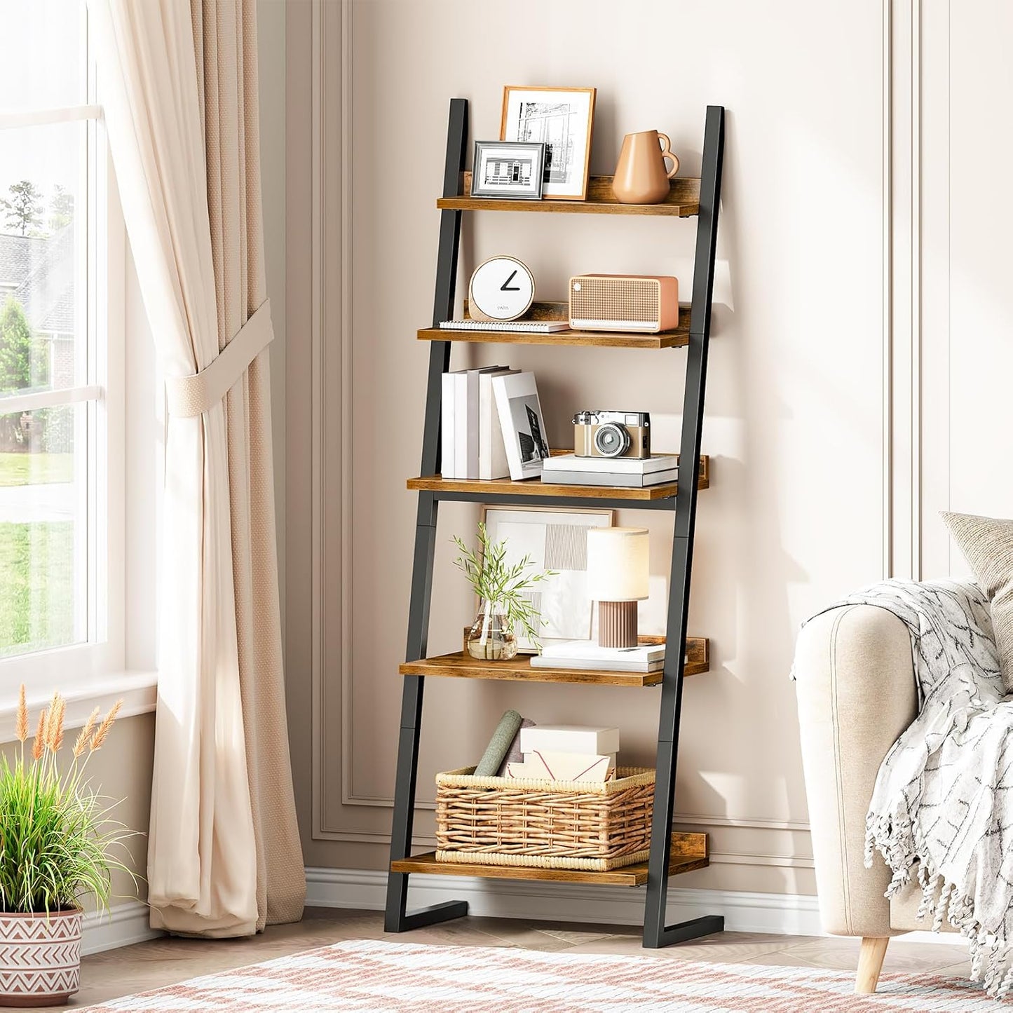 HOOBRO 5-Tier Bookcase, Narrow Ladder Shelf, Small Bookshelf, Corner Storage Shelf, Small Display Organizer for Living Room, Study, Balcony, Bedroom, Rustic Brown and Black BF150CJ01