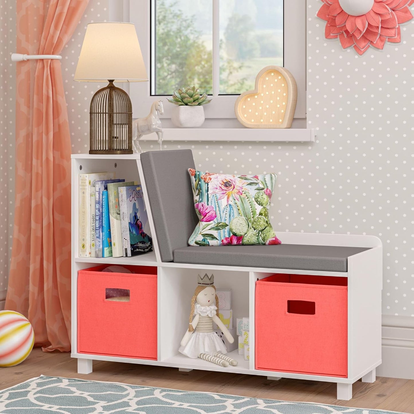 RiverRidge Kids Reading Nook and White Cubby Storage Bench with Comfy Cushioned Seat and Cubbies Toy Organizer, White