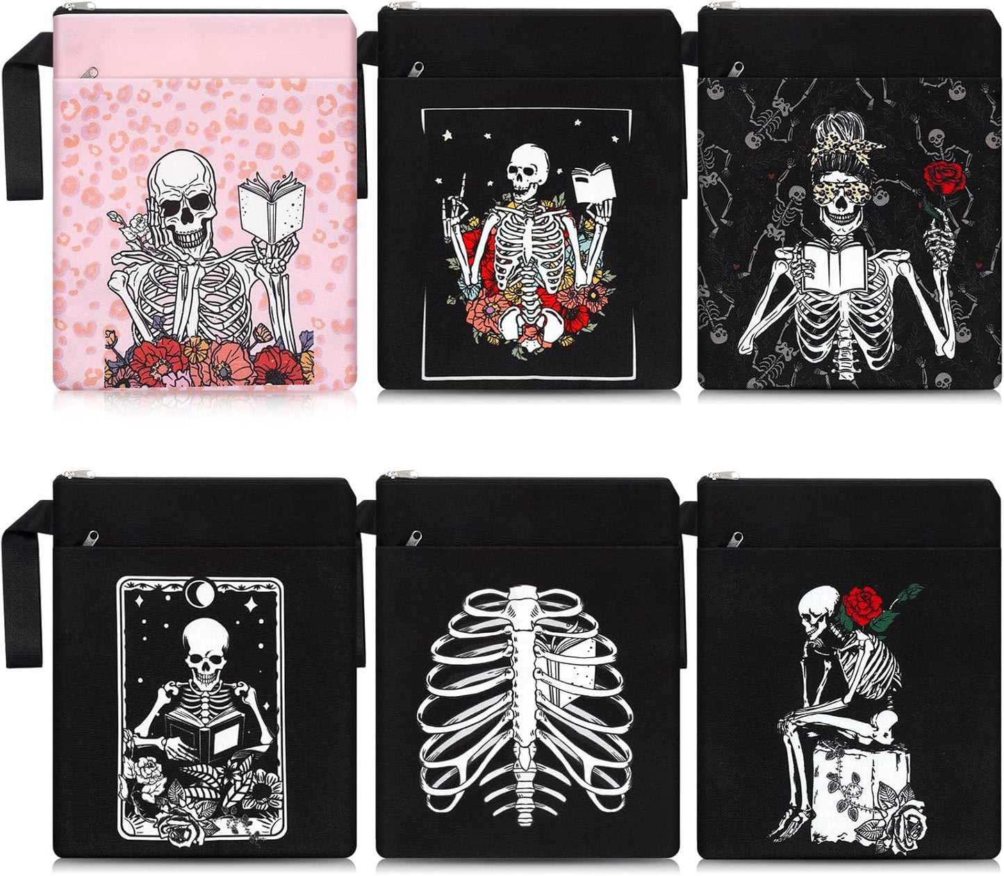 6 Pack Gothic Book Covers Book Club Gifts Book Covers for Paperbacks Skeleton Book Sleeve with Zipper Book Case Bag Gothic Book Protector for Book Lovers Teacher Student Gifts