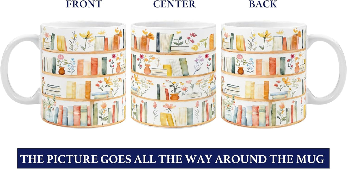 Book Mug Gifts for Books Lovers, mug Gift for book Lover Women, Bookish mugs with Floral Bookshelf Design, reading Mugs gift for BookWorm Librarian Reader on Birthday, Reading Themed Coffee mug-18