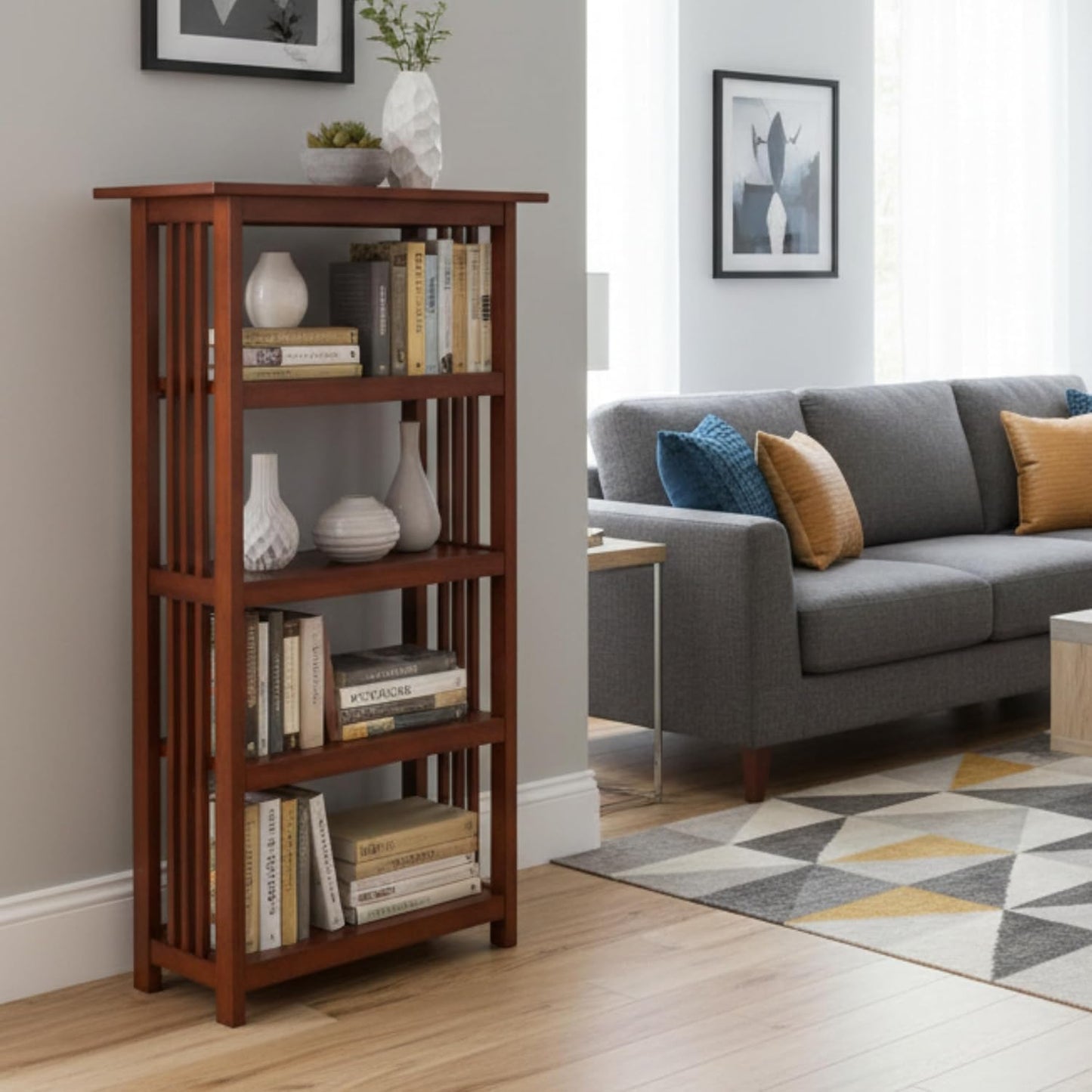 Alaterre Furniture Mission 4-Tier Bookcases with Adjustable Shelves – Mid-century Modern 48-Inch Wood Bookshelf for Living Room, Bedroom or Home Office (Cherry)
