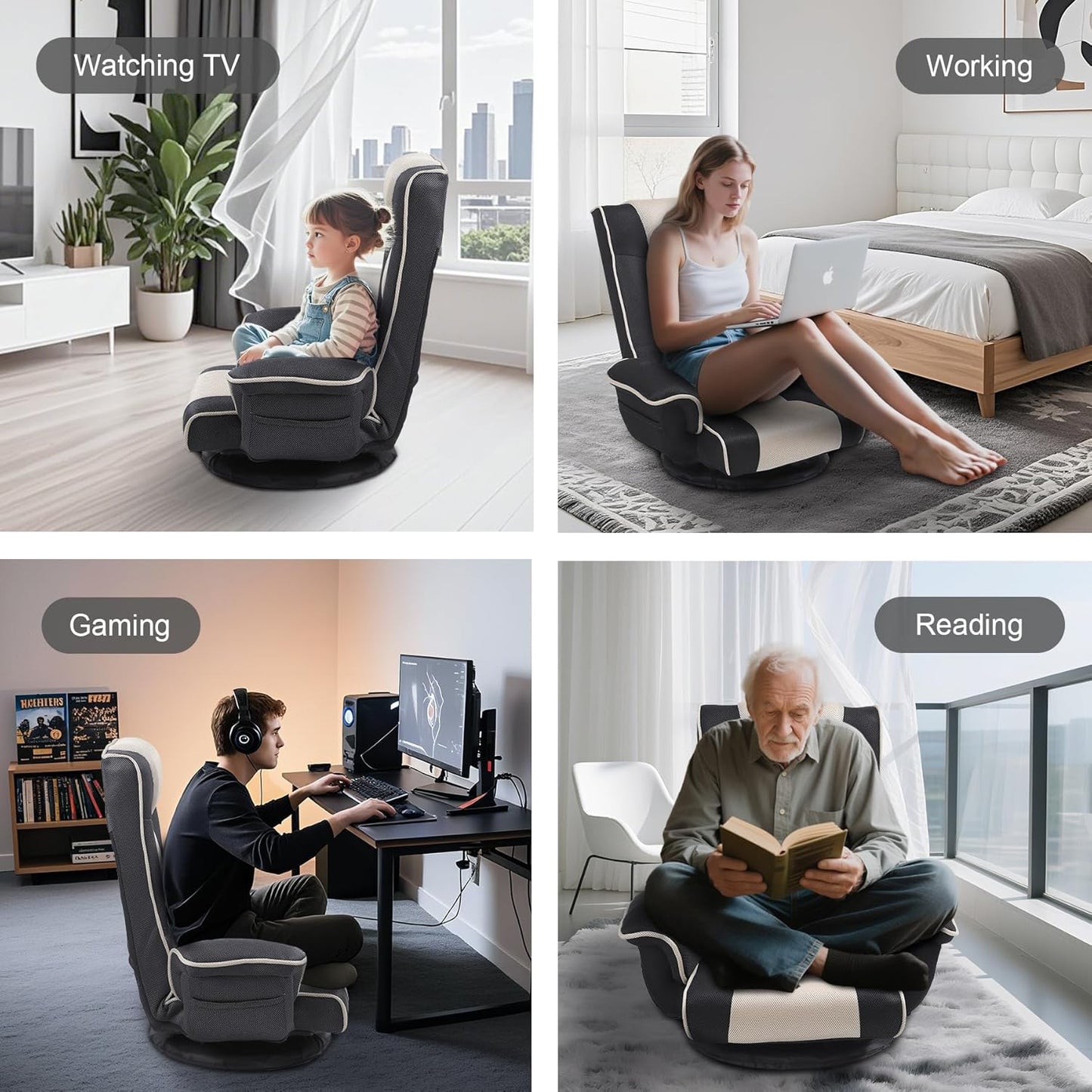 Linen Fabric Ergonomic Gaming Chair, 6-Position Reclining Sofa Bed with Lumbar Support, Foldable Floor Lounger with Thick Cushion, Armrests & Side Pockets for Esports, Reading, Napping (Grey + Beige)