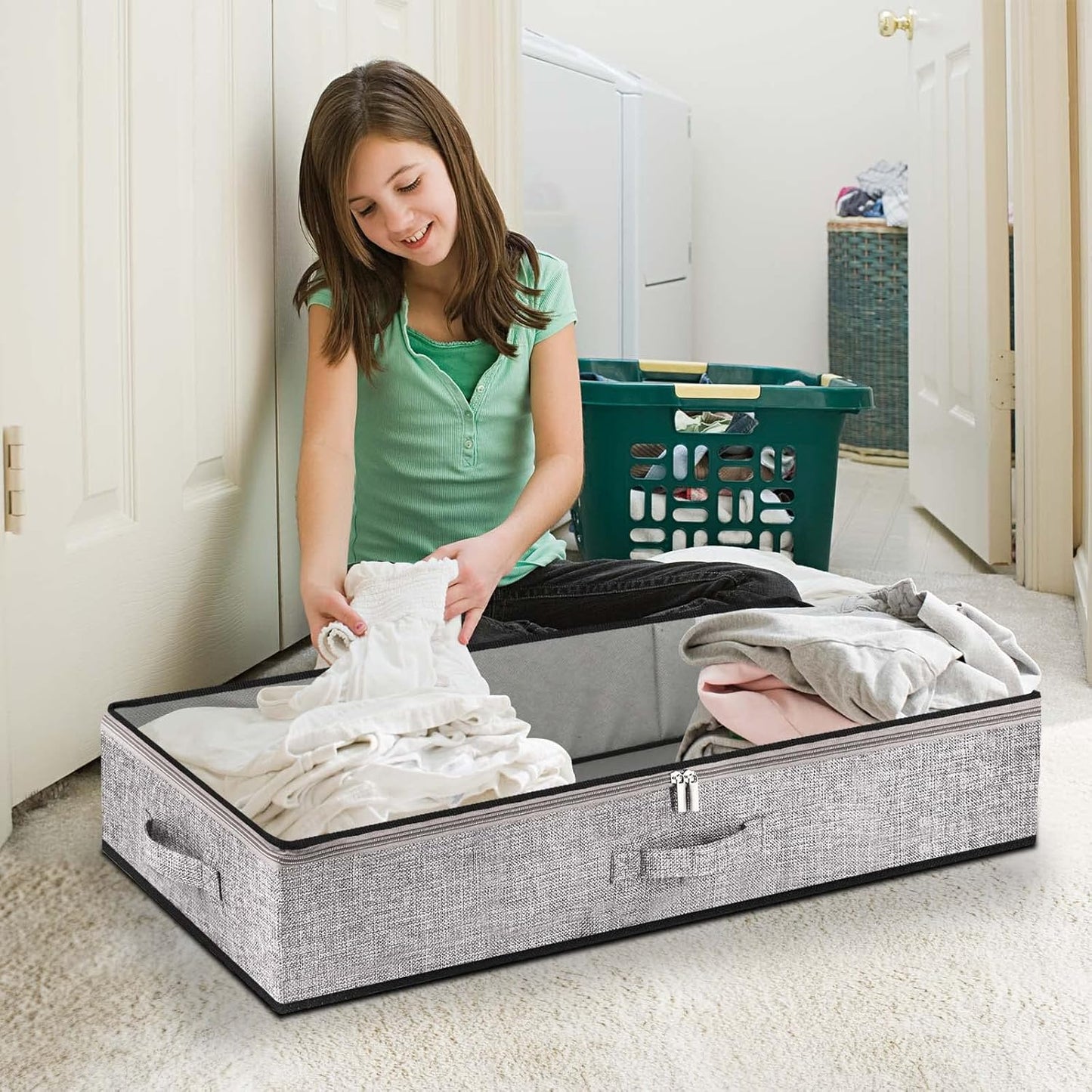 Underbed Storage Containers, Underbed Clothes Organizer Bins with Sturdy zipper, Foldable Under the Bed Storage Bags for Organizing Clothes, Shoes, Blankets, Quilts, Toys, 2 Pack Grey