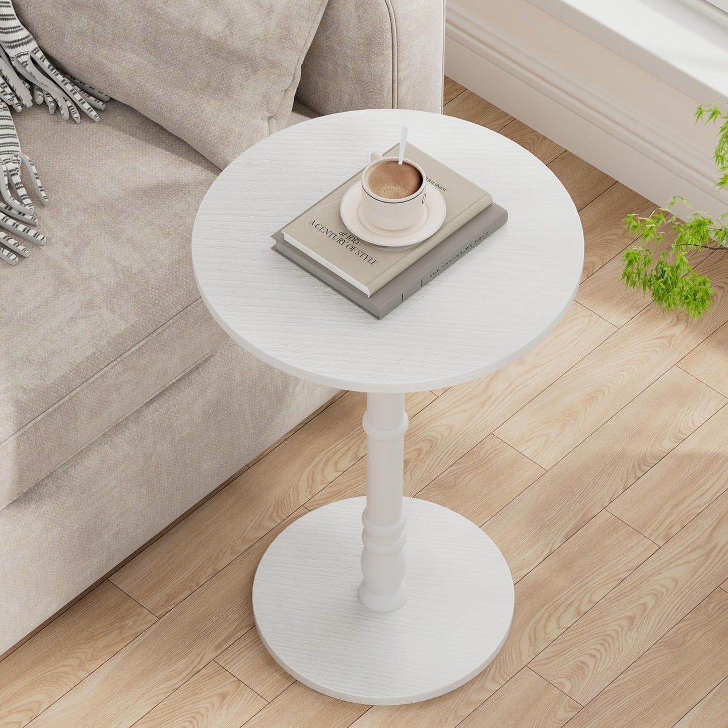 16" Round Side Tables Set of 2, Solid Wood Pillar with Wood Top & Base, Small Drink Accent Table for Living Room, Bedroom, Sofa & Office, Easy Assembly, White