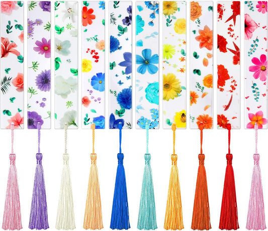 10Pcs Flower Resin Bookmark Transparent Floral Bookmarks for Women Cute Bookmarks Flower Page Marker with Tassels, Gifts for Book Lovers, Women, Kids