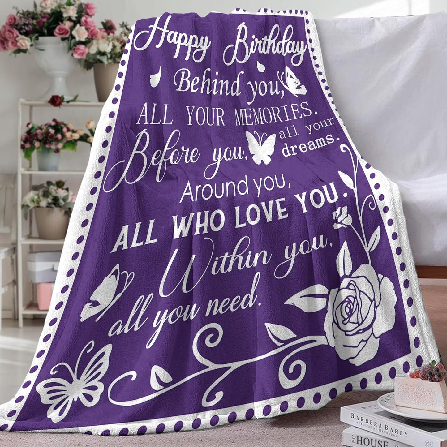 Happy Birthday Gifts for Women Men Flannel Throw Blanket, Friendship Birth Day Ideas, Bday Present for Wife Mom Sister Grandma, Soft Purple Blankets for Bedding Sofa 50" x 60"