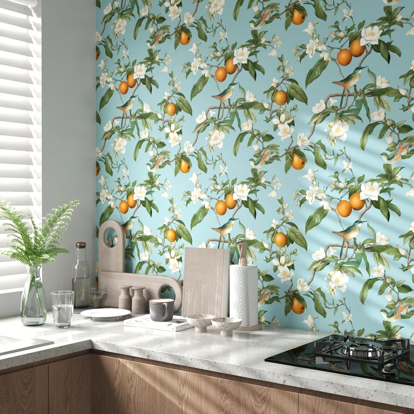 Blue Floral Wallpaper Peel and Stick, Vintage Bird Leaf Fruit Contact Paper, Self Adhesive Removable Retro Wall Mural Wall Paper for Room Walls Shelves Cabinet Table Decor 17.5" x 118"