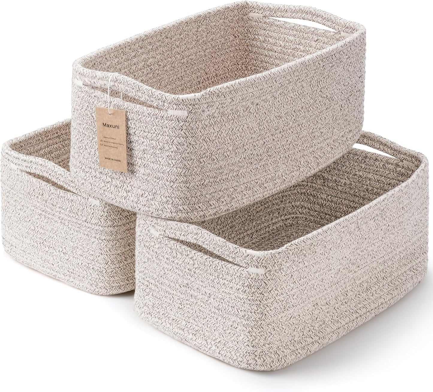 3-Pack Storage Baskets for Organizing | Woven Shelf Toy Basket | Rope Baskets for Gifts Empty | Closet Organizer Bins with Handles | Cube Decorative Box | 13.7×7.1×6.7” | Mixed brown
