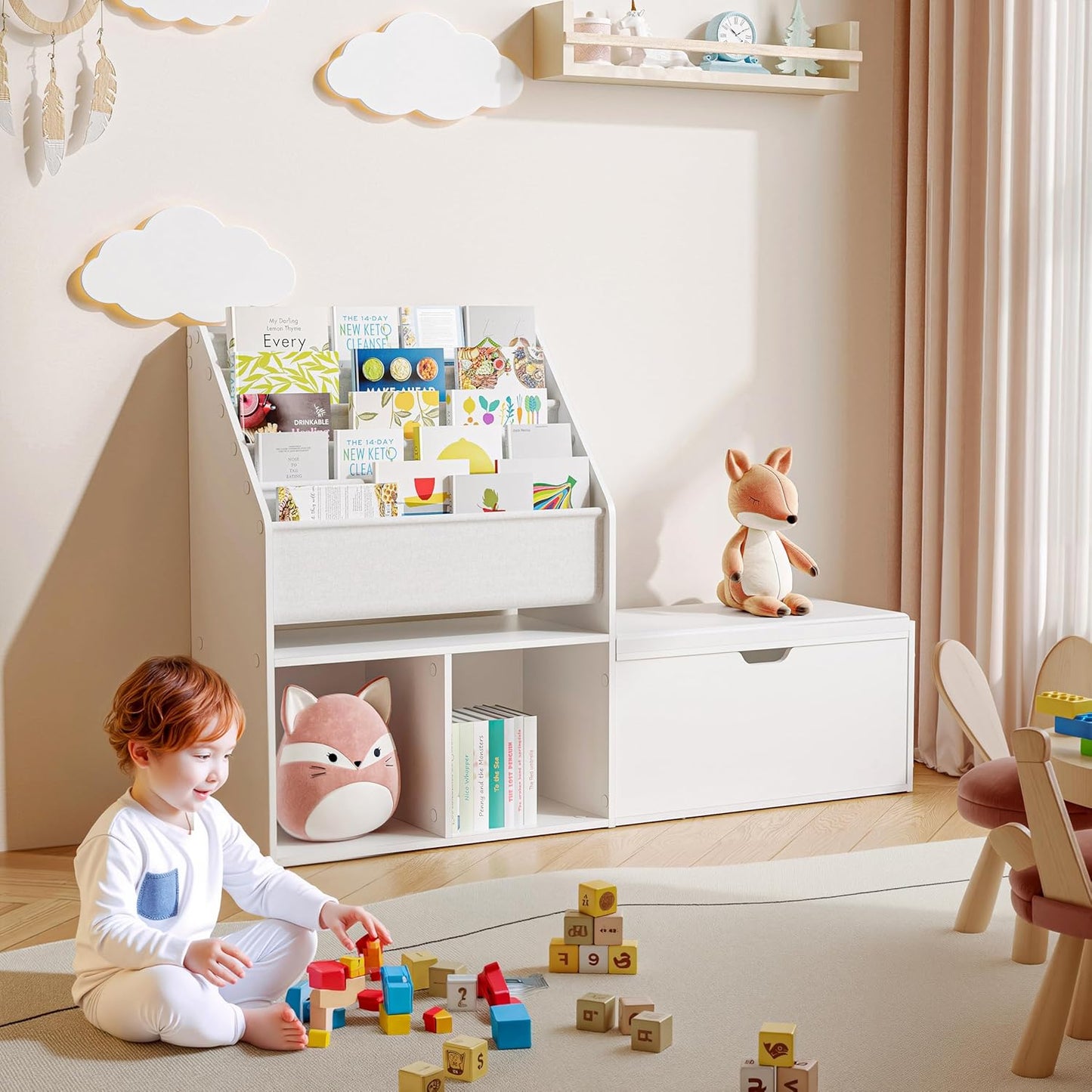 47.2’’ Kids Bookshelf with Reading Nook, Toy Storage Organizer with Seat Cushion, 5-Tier Sling Bookcase and Storage with Bench, for Playroom, Kids Room, Living Room, Nursery, White KBWT8501