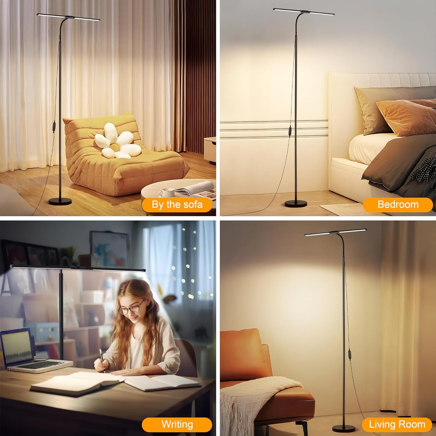 18W Dual Head LED Floor Lamp, Extended Flexible Gooseneck, Eye-Caring 3 Color Modes & 10 Brightness Levels, 4 Detachable Poles, USB Standing Light for Living Room, Bedroom, Office Reading