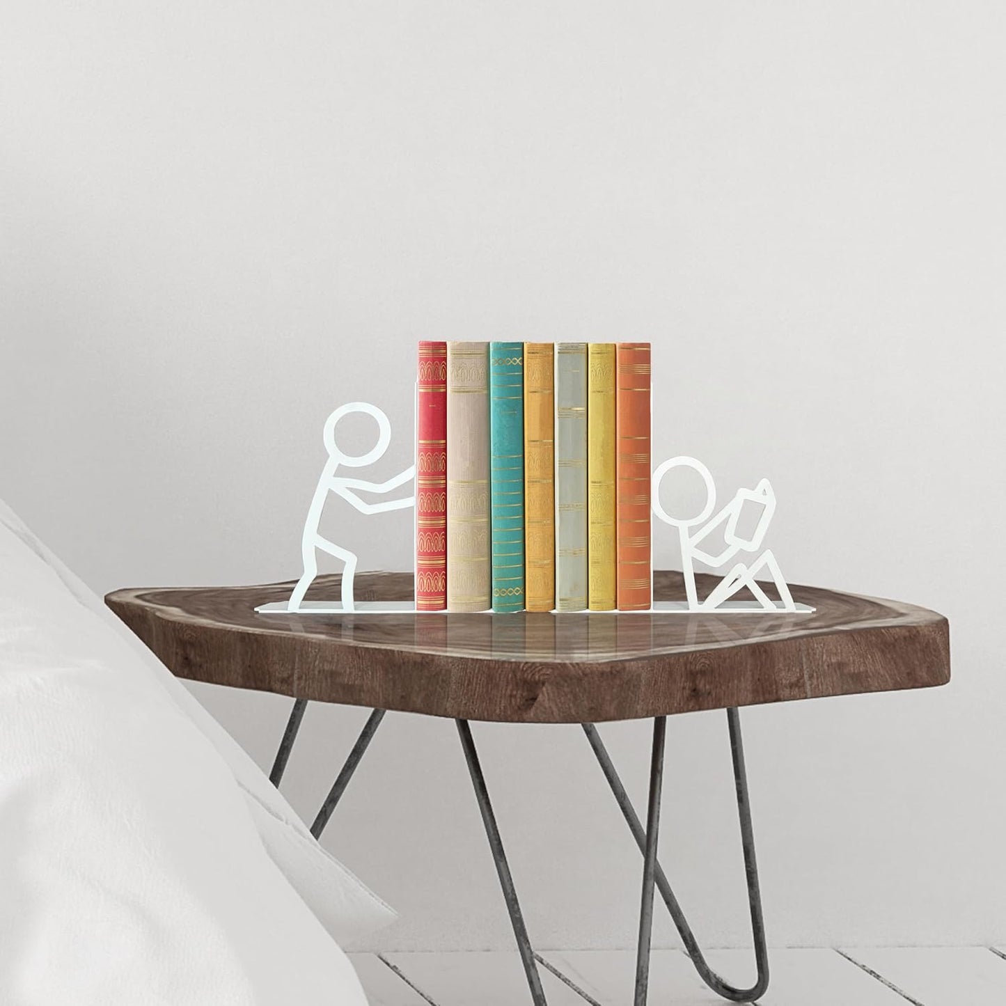 Metal Unique Office Desk Bookends Bookends Decorative Cute Book Ends Reading Decor Bookshelf Decor for Office School Library Bedroom, Book Lovers Gift（White）