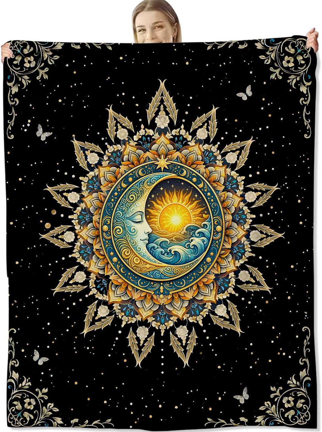 Boho Moon and Sun Blanket for Spiritual Lovers, Mandala Flannel Blankets, Mystical Aesthetic Gifts, Soft Warm Cozy Throws for Sofa Couch Bed Living Room Bedroom Home Decor 60" x 50"