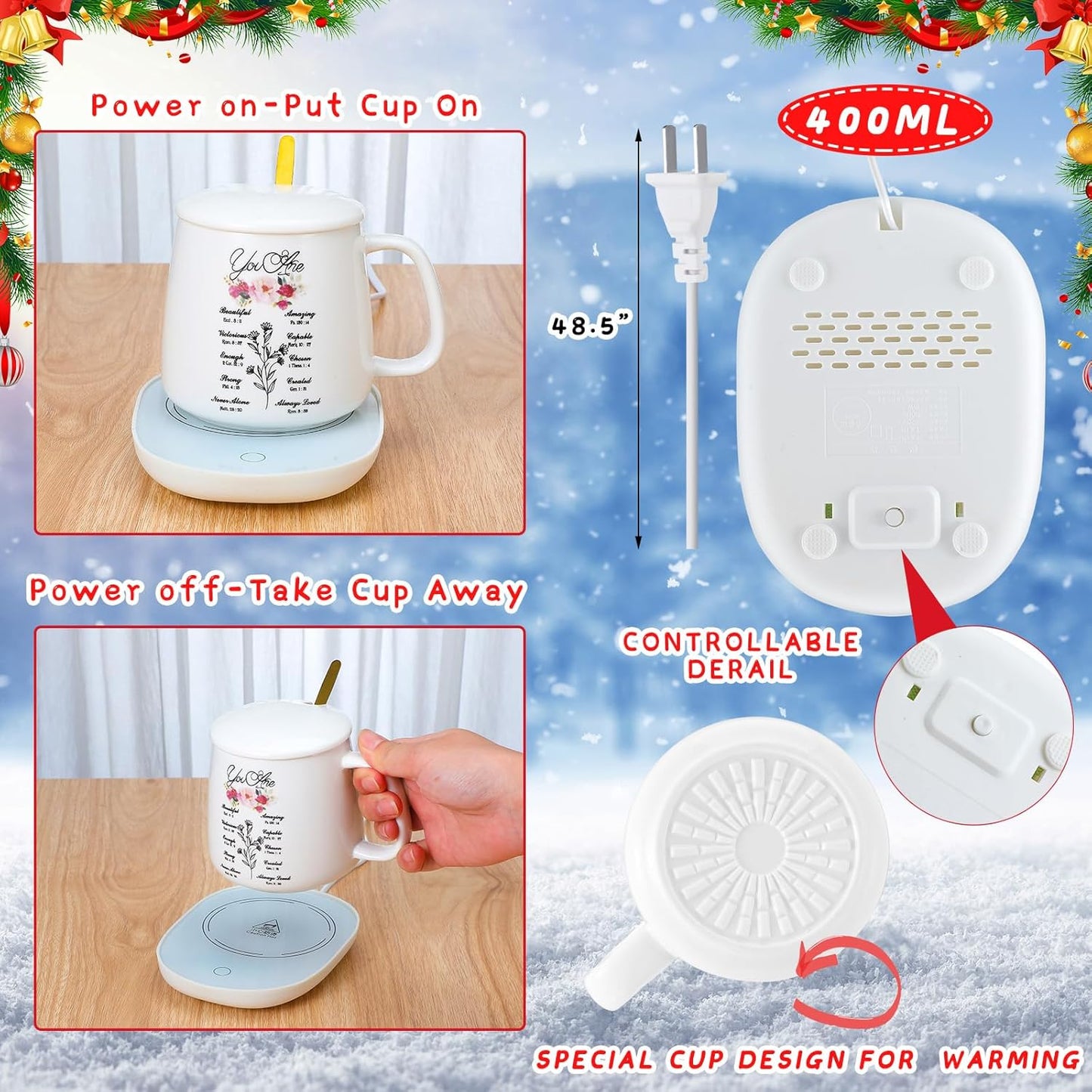 Suclain Christian Coffee Mug with Warmer Set for Women 13.5 oz Coffee Cup Mug Warmer for Desk Inspirational Electric Cup Warmer with Auto Shut Off for Home Office Mother Teacher Gifts(Elegant)